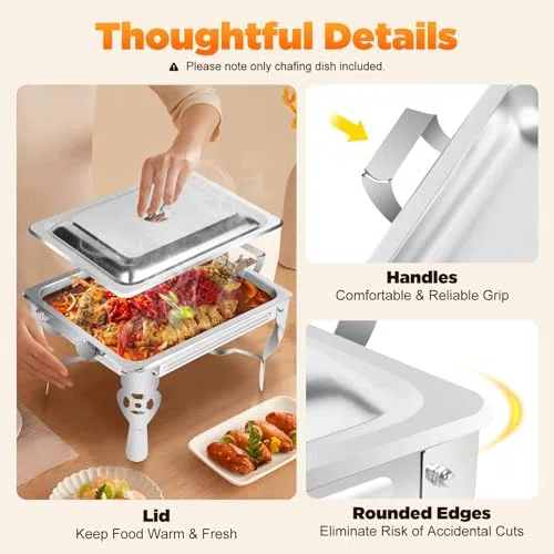Plato de roce, calentador de alimentos de acero inoxidable con tapas y soportes de combustible, utensilios de servir buffet de 6 L para catering, fiestas, bodas