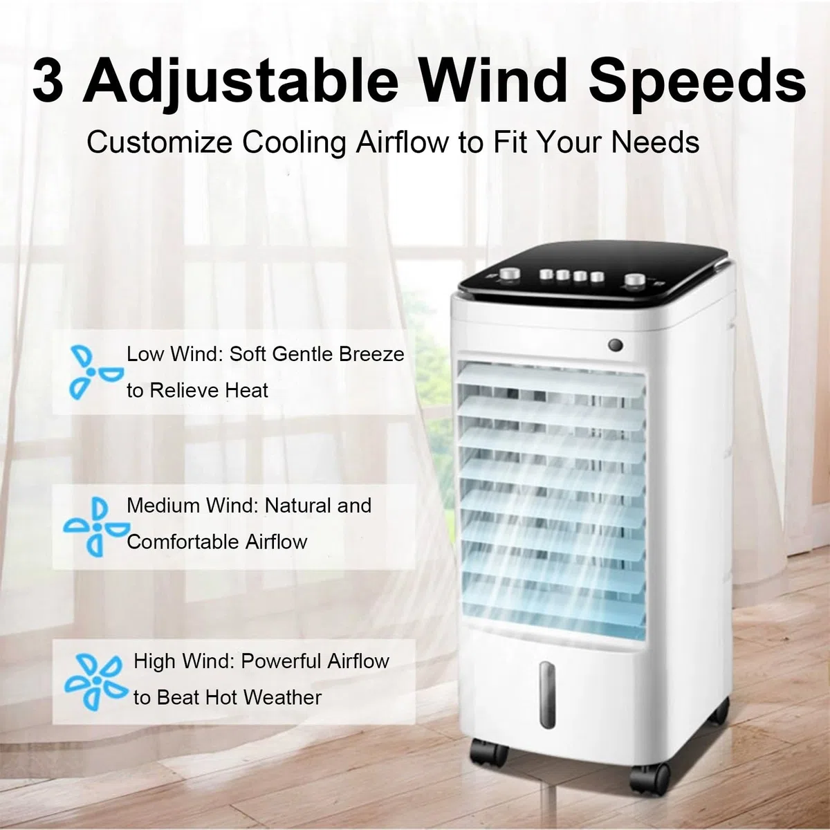 Climatizador Evaporativo de 60 Cm con Depósito de Agua 7 L, Climatizador Portatil 3 Velocidades, 4 Ruedas Giratorias para Hogar Oficina