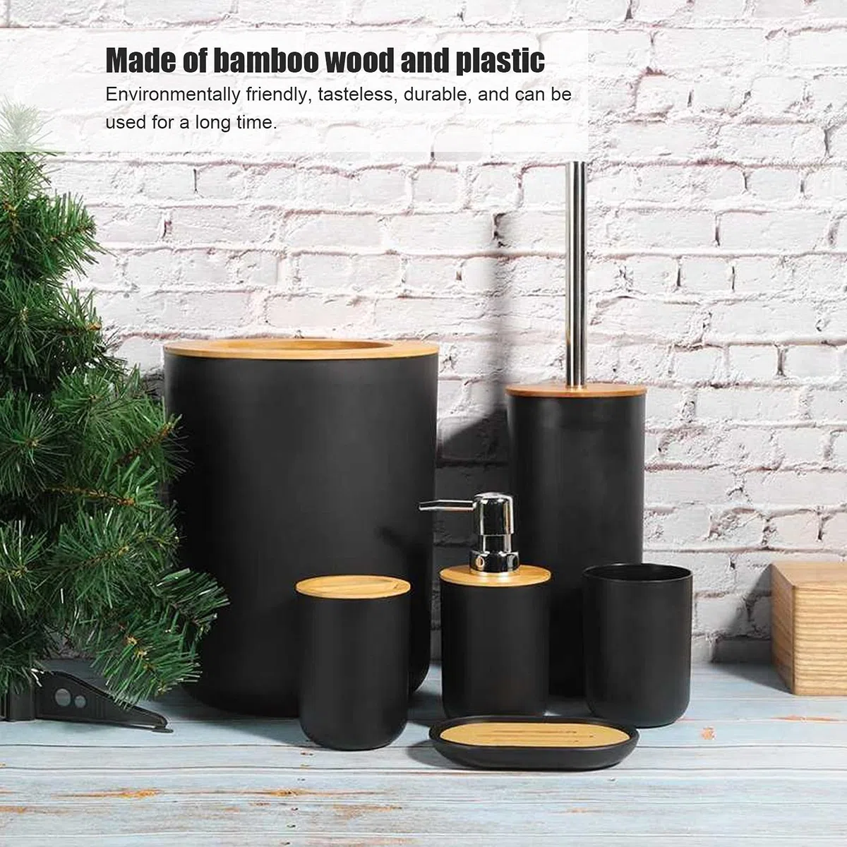 Juego de accesorios de baño de bambú, 6 piezas, kit de limpieza, soporte para cepillo de dientes, dispensador de jabón, jabonera, taza, cepillo de inodoro para decoración del hogar