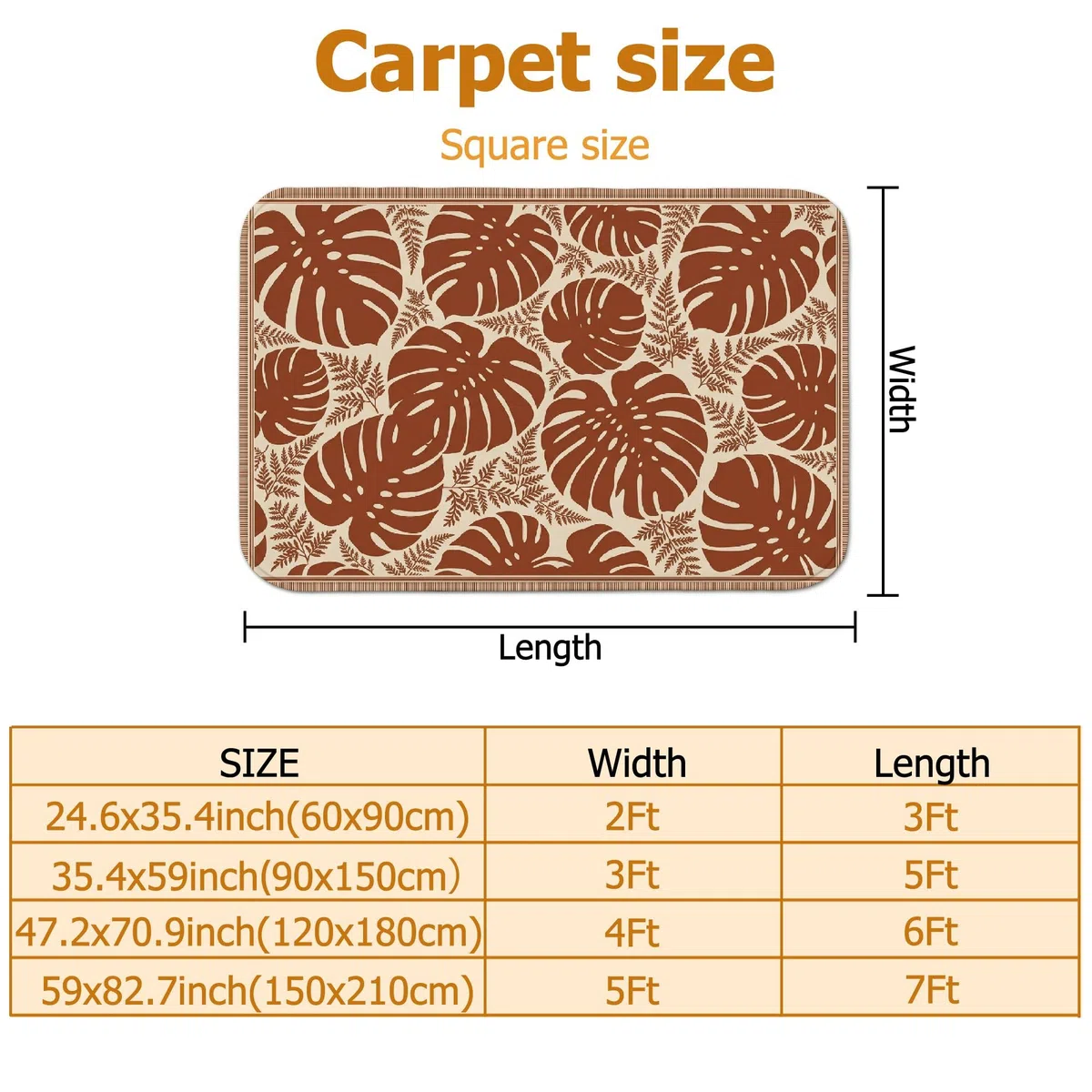 Monstera Alfombra de área tropical, natural, hojas de helecho, verano, marrón, de pelo bajo, esponjosa, suave, rectangular, resistente a las manchas, para sala de estar, dormitorio, aula, decoración