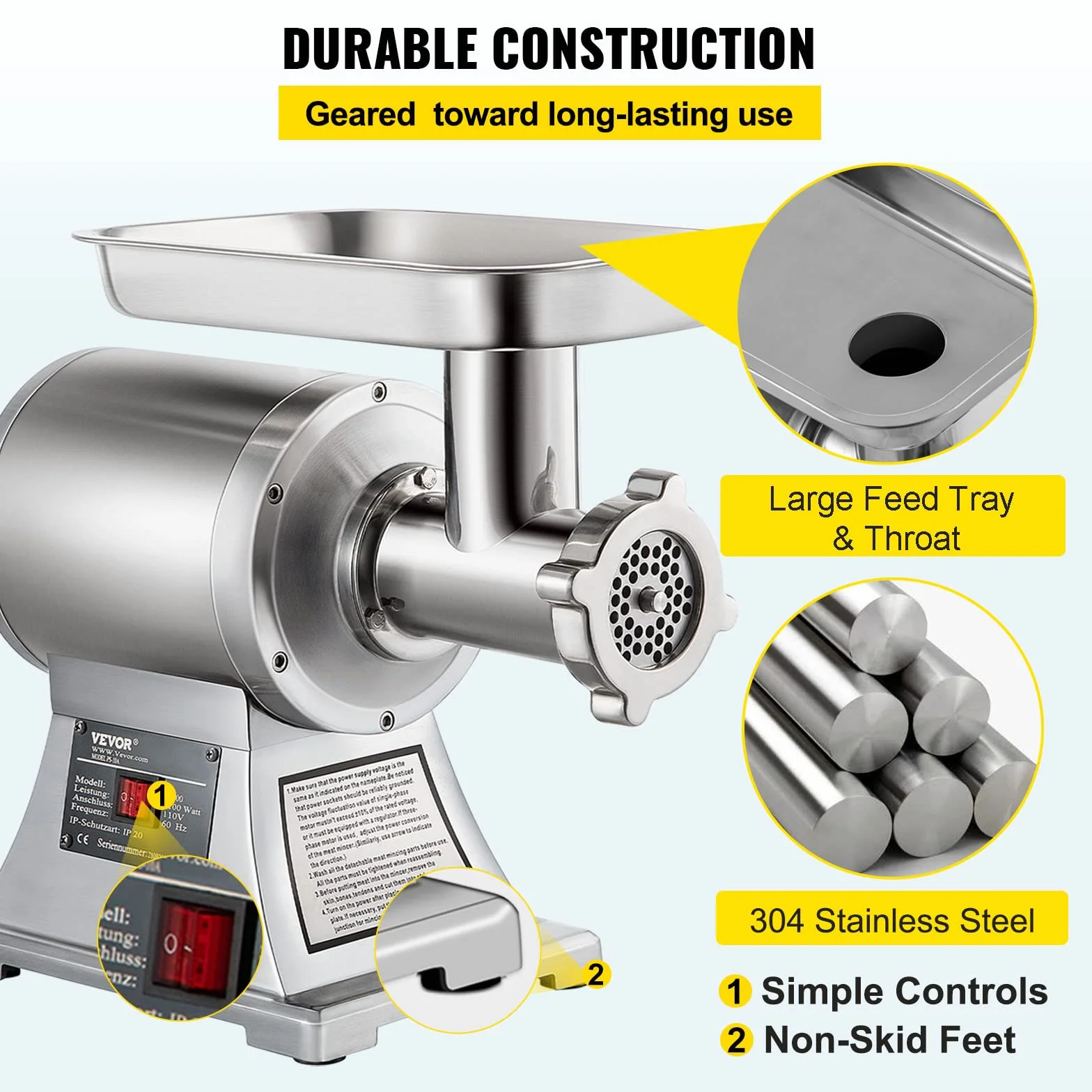Vevor - Picadora eléctrica de acero inoxidable, 1100 W, 250 kg por hora, 193 r/min - Máquina para salchichas profesional, 2 placas de molinicio, para casa o uso industrial