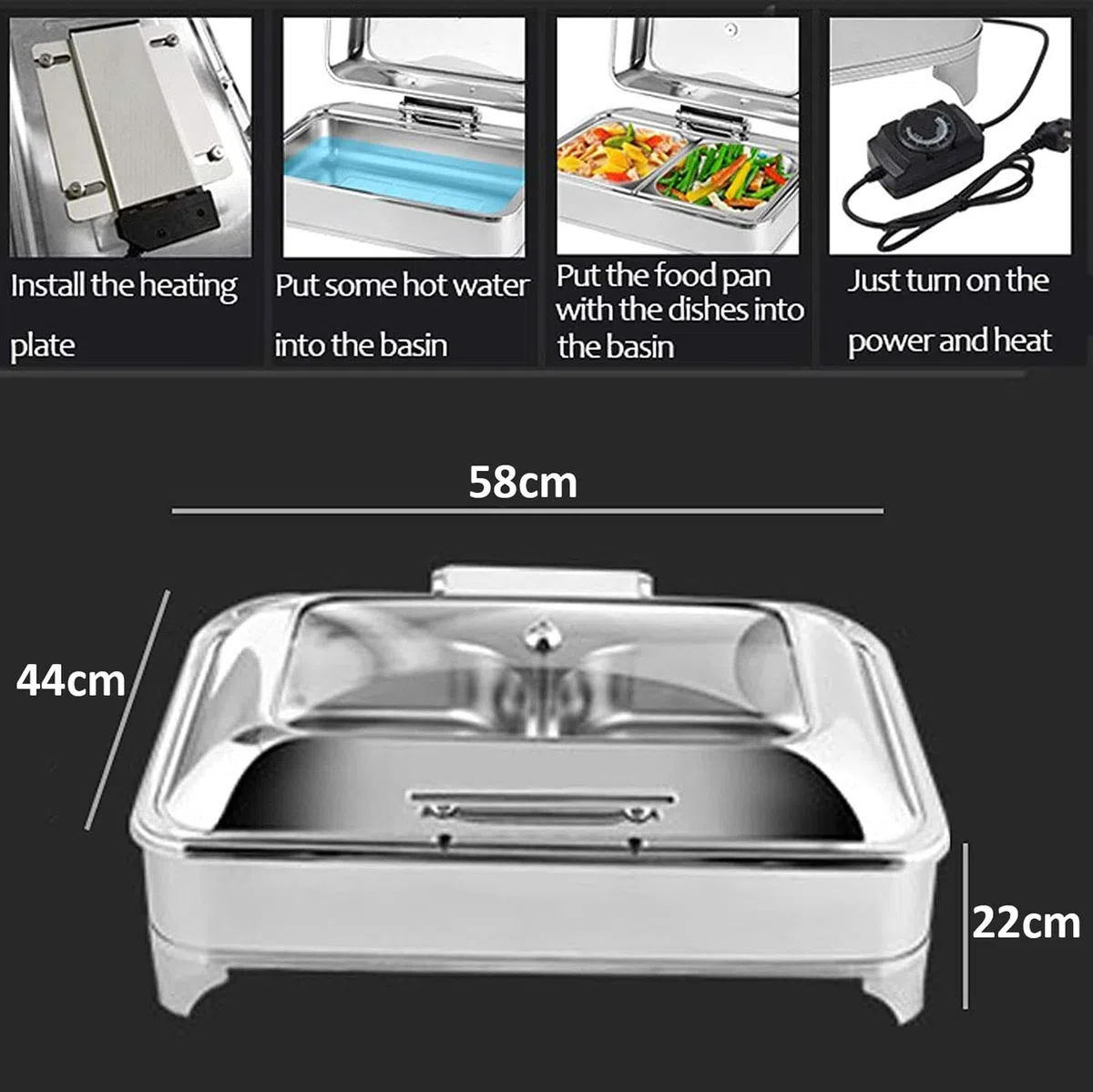 Calentador de Buffet Electrico Chafing Dish Acero Inoxidable, Calentador de Comida Comercial con Tapa Visible para Mesa Buffet, Temperatura Ajustable, 9L, 400 W