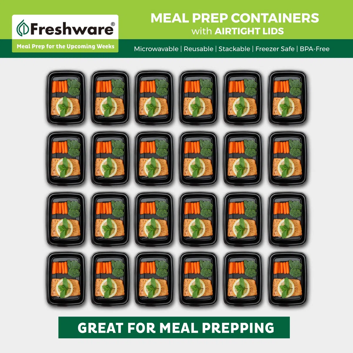 Freshware Recipientes de preparación de comidas [paquete de 50] 1 compartimento con tapas, contenedores de almacenamiento de alimentos, caja Bento, sin BPA, apilables, aptos para