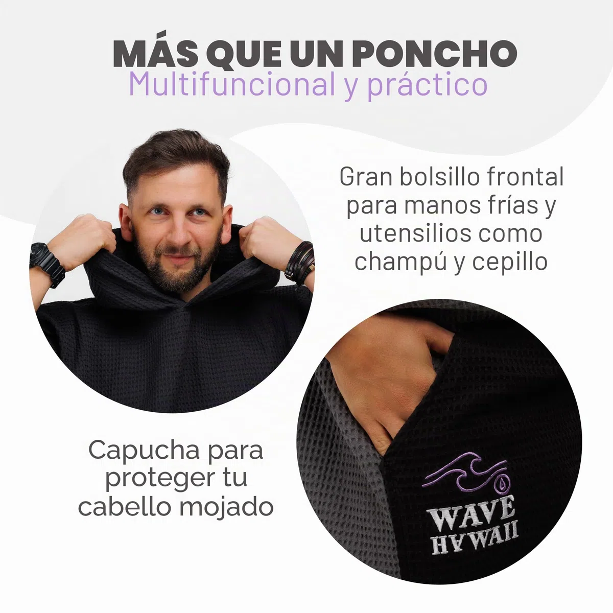 WAVE HAWAII Travel-Poncho de baño para hombre y mujer, S-M, 151-183 cm | 100% algodón, poncho de surf para adultos, toalla de rizo con alta absorción de agua, ayuda para cambiar la playa, adultos