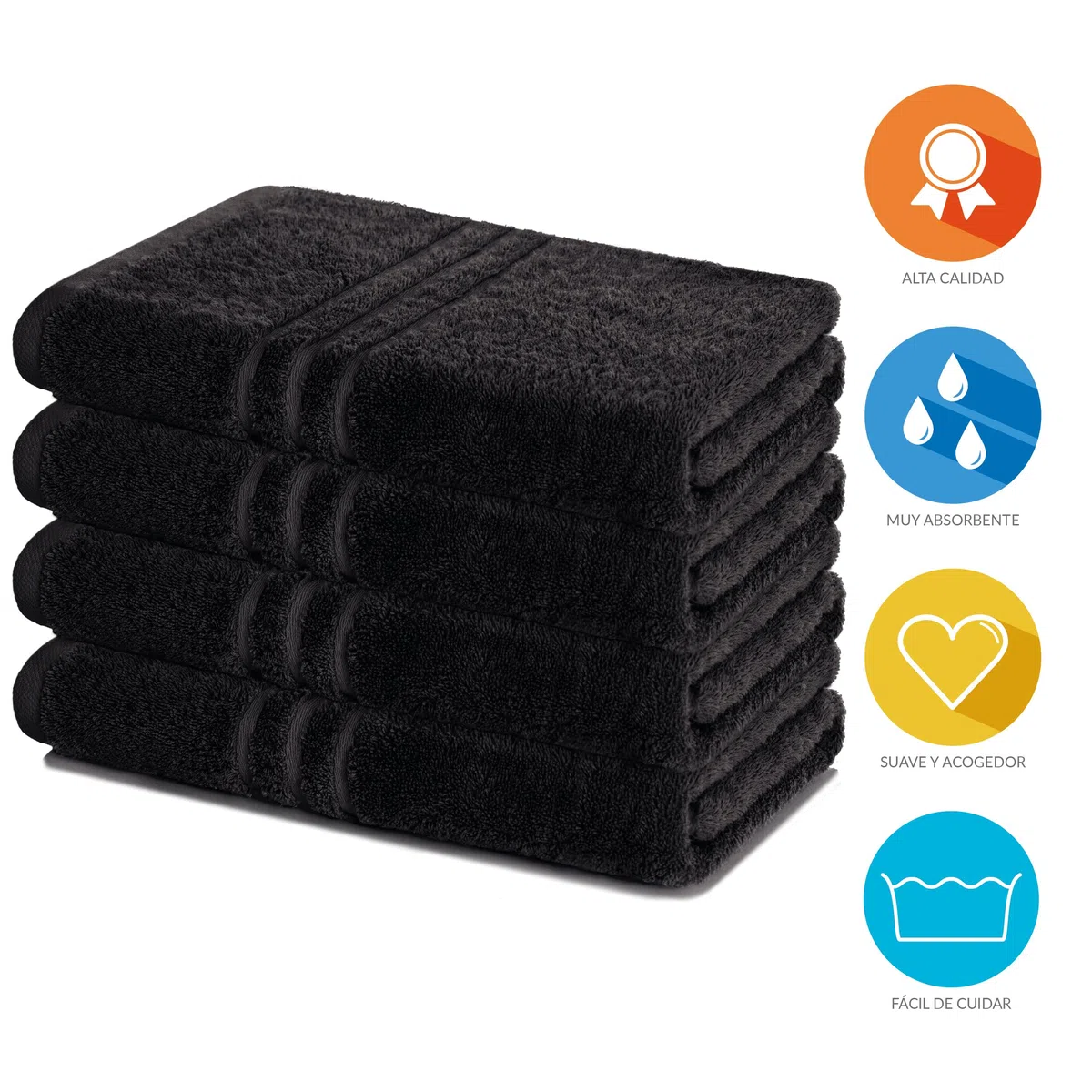 Lavea® Juego de 4 Toallas de Baño 70x140 cm en Rizo 100% Algodón – Suaves y Absorbentes – Toallas de Baño Grandes y Toallas de Ducha Ideales para Casa, Hotel y SPA – Negro