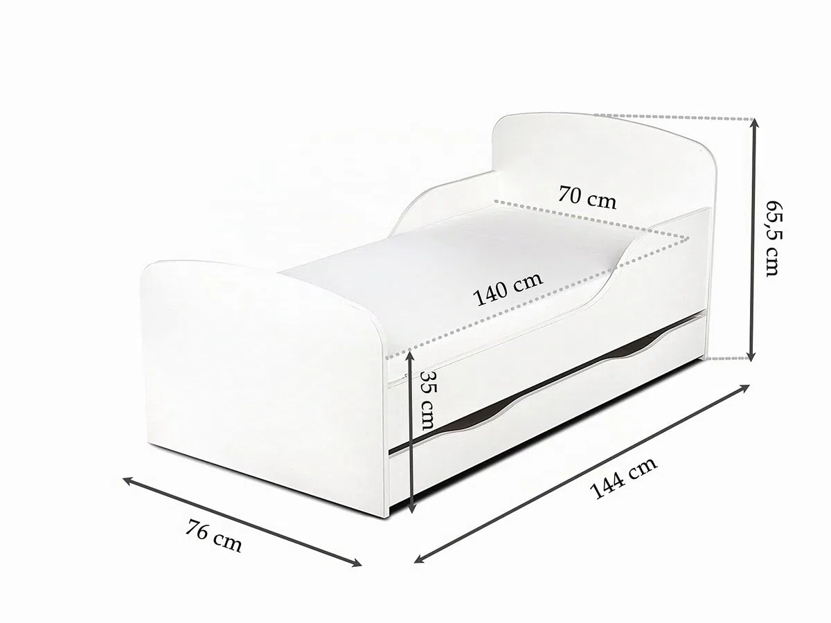 leomark Cama Infantil Completa de Madera - Dino - Marco de Cama, Colchón y Cajón, Somier, Blanco Muebles para Niños, Moderno Dormitorio, Espacio para Dormir: 140/70