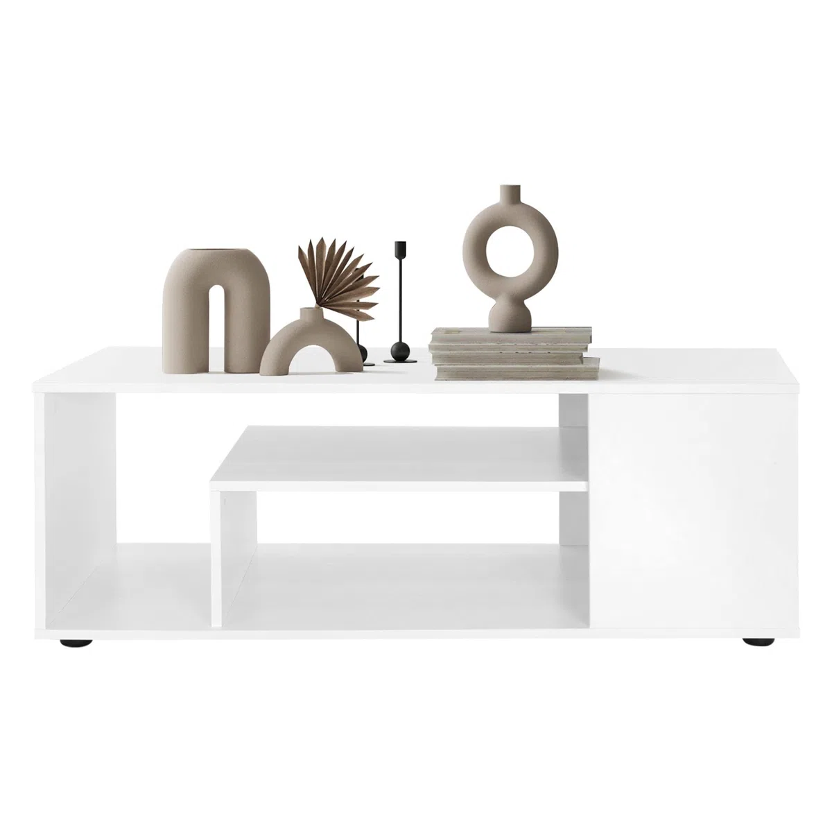 ML-Design Mesa de Centro Blanca 110x50x41 cm Aglomerado Revestido Mesita de Café Rectangular Moderna Mueble Auxiliar Versátil con 4 Estantes en 3 Niveles Mesa con Mucho Espacio de Almacenamiento