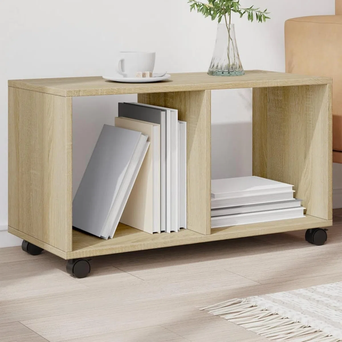 Armario con ruedas de freno, roble Sonoma, 72 x 33 x 42,5 cm, fácil de mover para oficina y salón