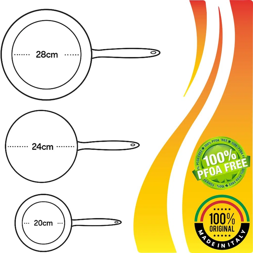 BAKAJI Juego de 3 sartenes Primolla de 20 – 24 – 28 cm de diámetro, revestimiento efecto piedra antiadherente Pfoa Free para cocción homogénea, mango térmico Cool Touch, ideal para hornillos de gas