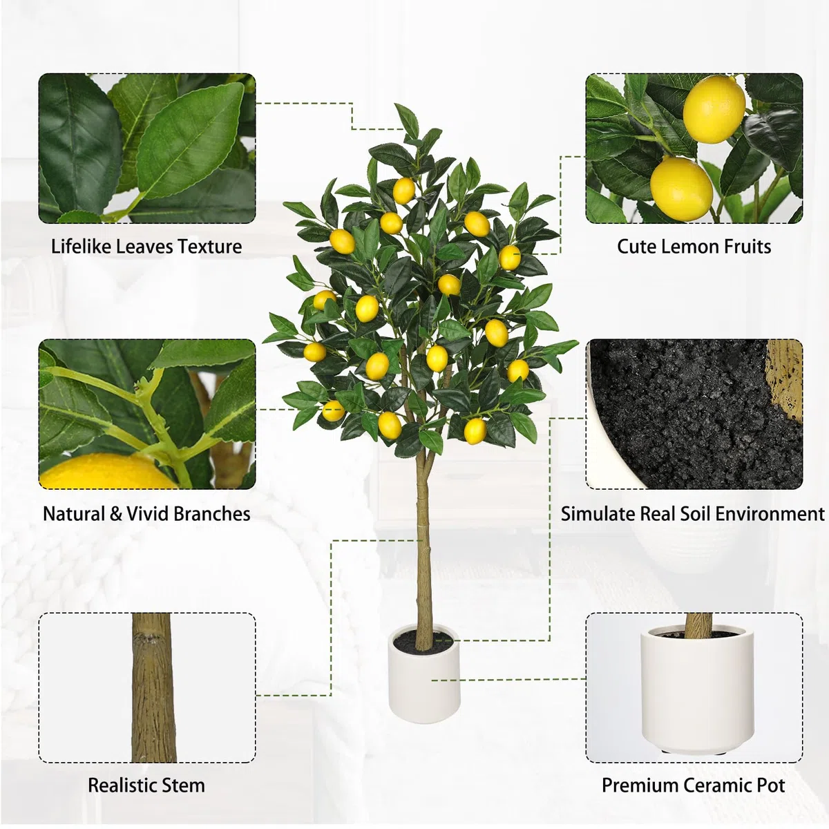 Oairse Planta artificial grande de limonero de 120 cm, planta artificial, decoración de interiores, planta artificial como real en maceta para decoración de mesa, oficina, baño, dormitorio, salón