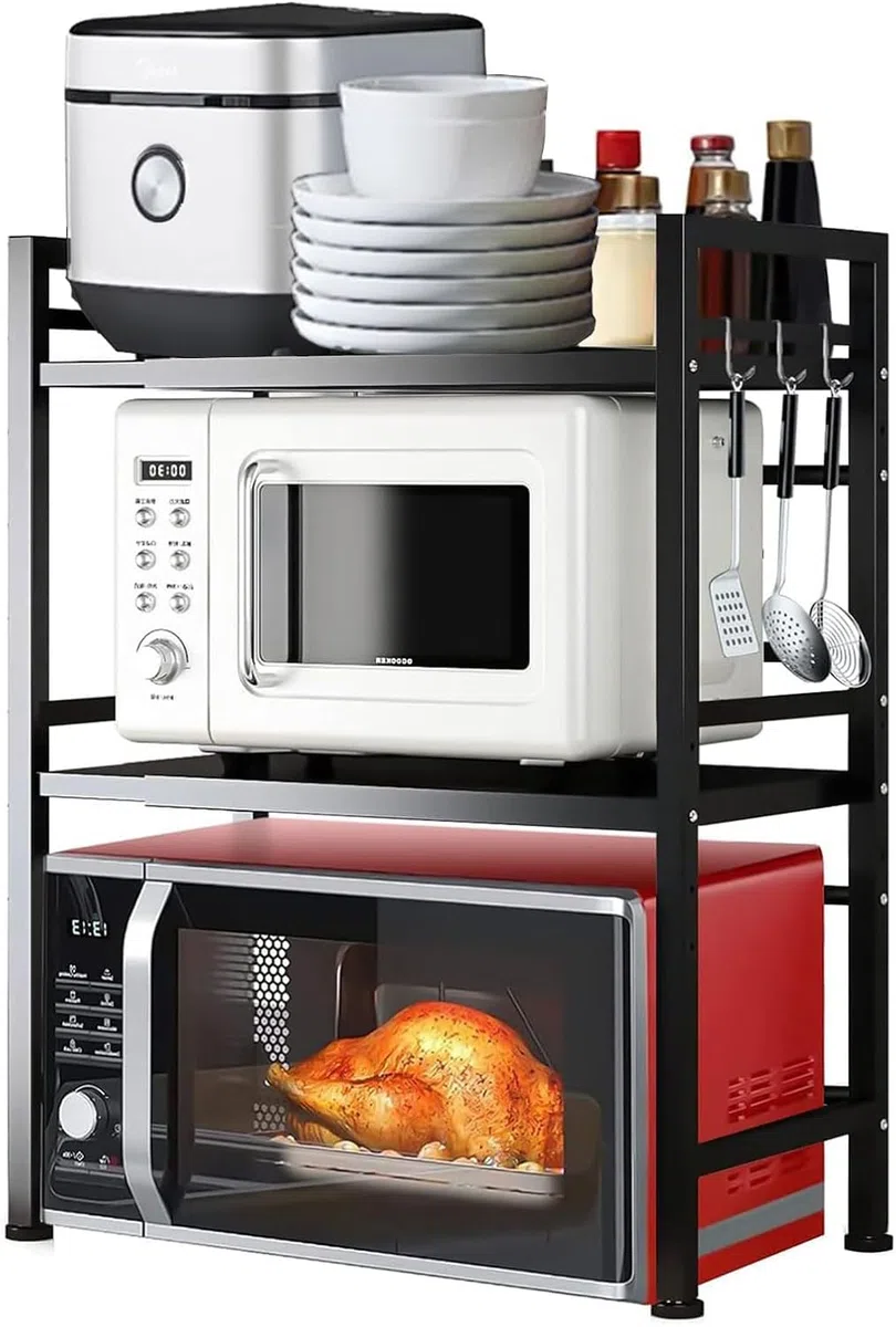 Soporte de Microondas Ampliable, 3 Niveles de Cocina de Metal Estantes Organizador de la Mestop con 6 Ganchos, Panadero Rack, Plataforma de Microondas, Horno de Microondas Rack (3 Niveles)