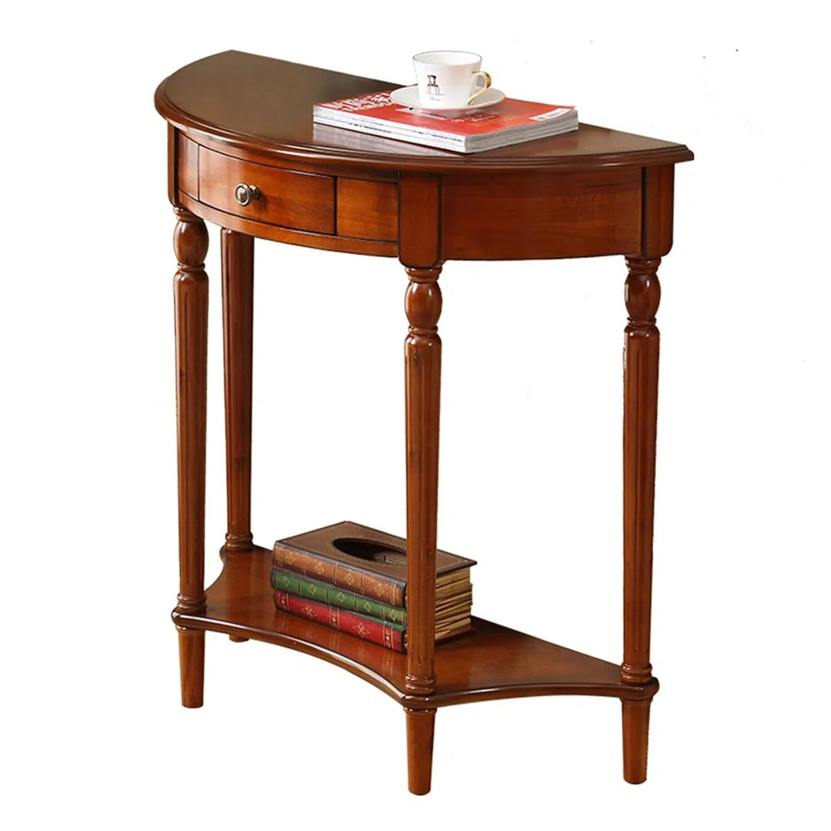 Mesa Consola de Media Luna de Madera Maciza con Cajones y Estantes, Mesa Auxiliar de Entrada de Dos Niveles En Forma de Semicírculo, Elegante Mesa de Sofá Vintage (veta De Madera De Cerezo)(800x350x80