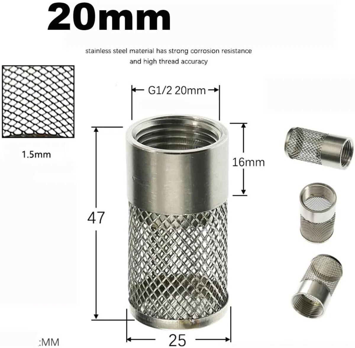 Filtro de Bomba de Agua de Acero Inoxidable - Rosca Hembra de 1/2", 3/4" y 1" con Cubierta de Malla de succión for hidrolimpiadoras, riego de Jardines y acuarios,Filtros para tuberías(1/2"