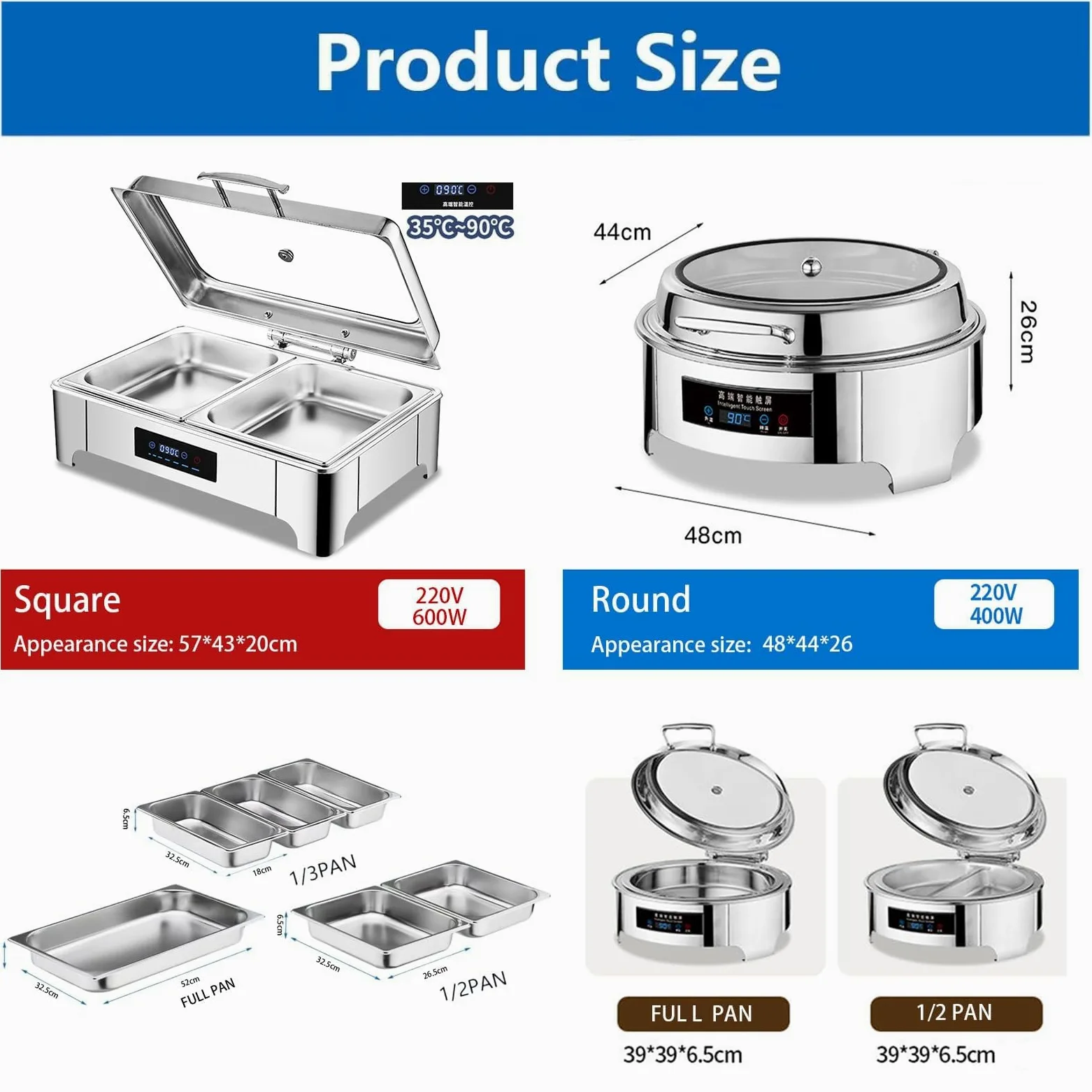 Calentadores de alimentos de buffet con temperatura ajustable y tapa de vidrio para servir en la mesa