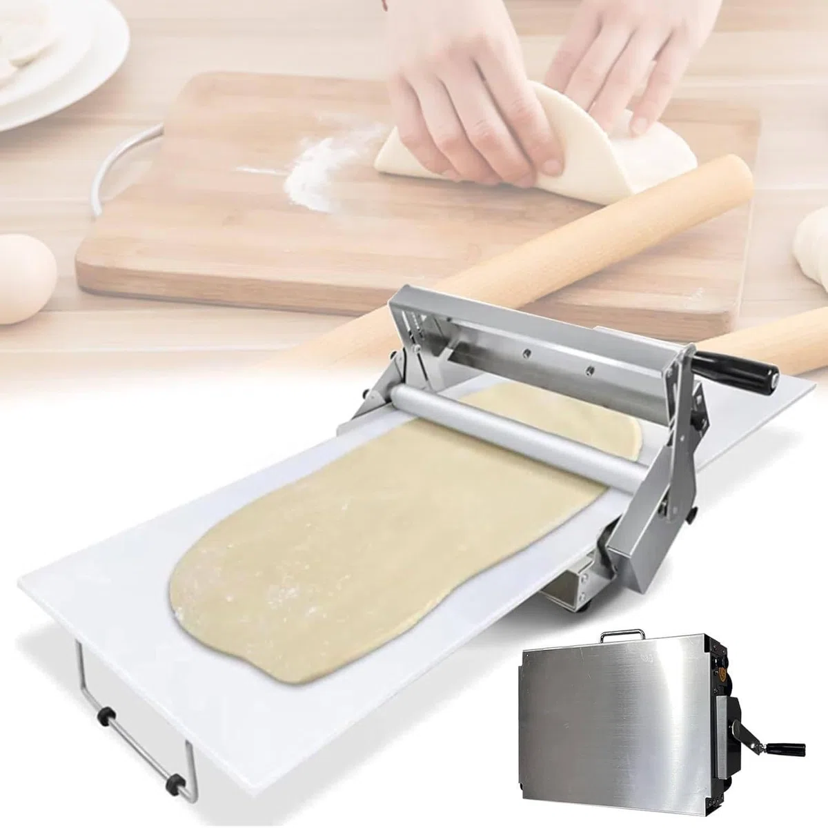 Laminadora de Masa Manual Plegable para panadería, Pizza y Croissants. Rodillo de repostería y Fondant de Acero Inoxidable, Grosor Ajustable. Equipo de panadería Comercial Plegable,Model400