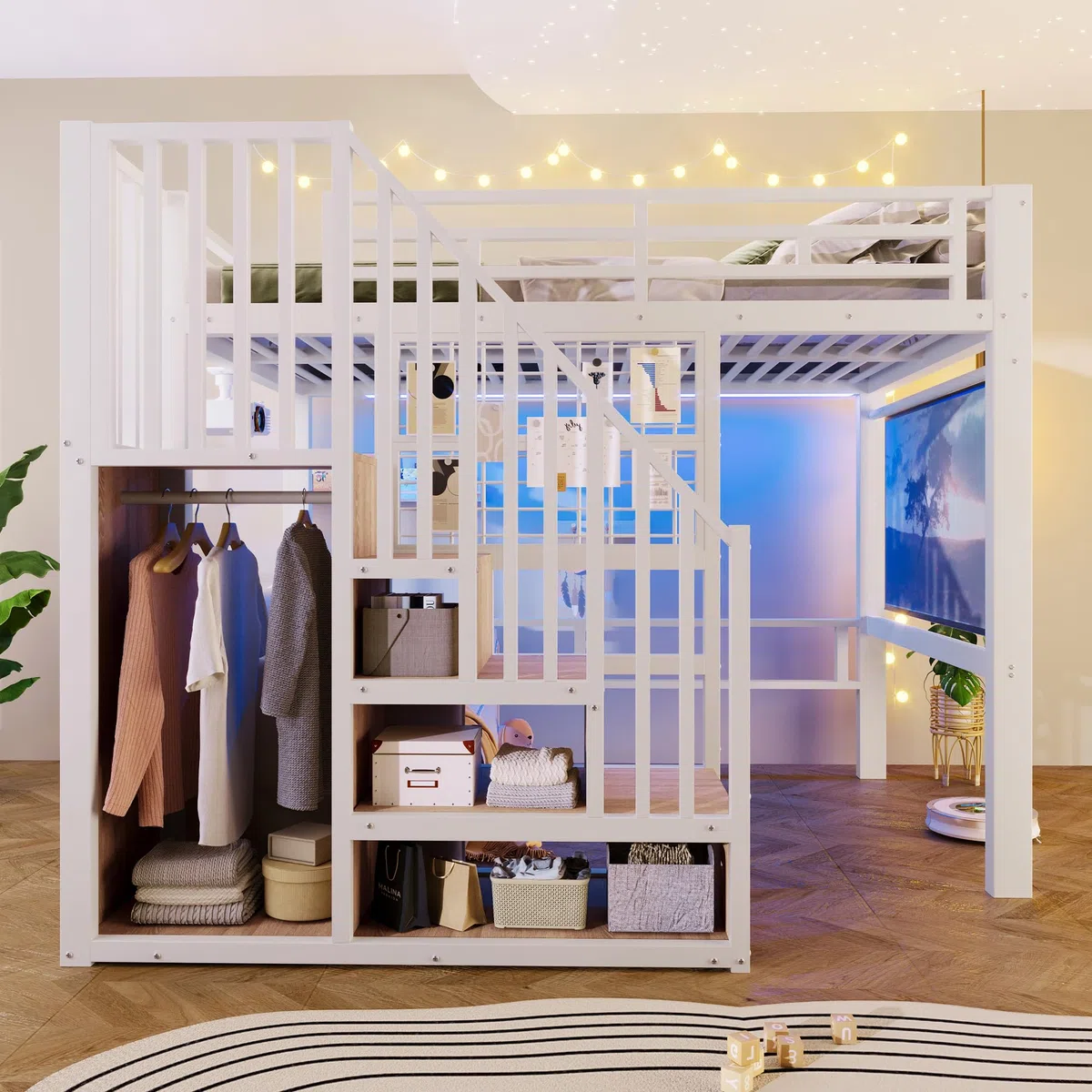 Azkoeesy Cama alta de metal con escalera de seguridad, barra para colgar, luces LED controlable mediante aplicación, panel de rejilla, ahorro de espacio, adolescentes y adultos (blanco, 140 x 200)