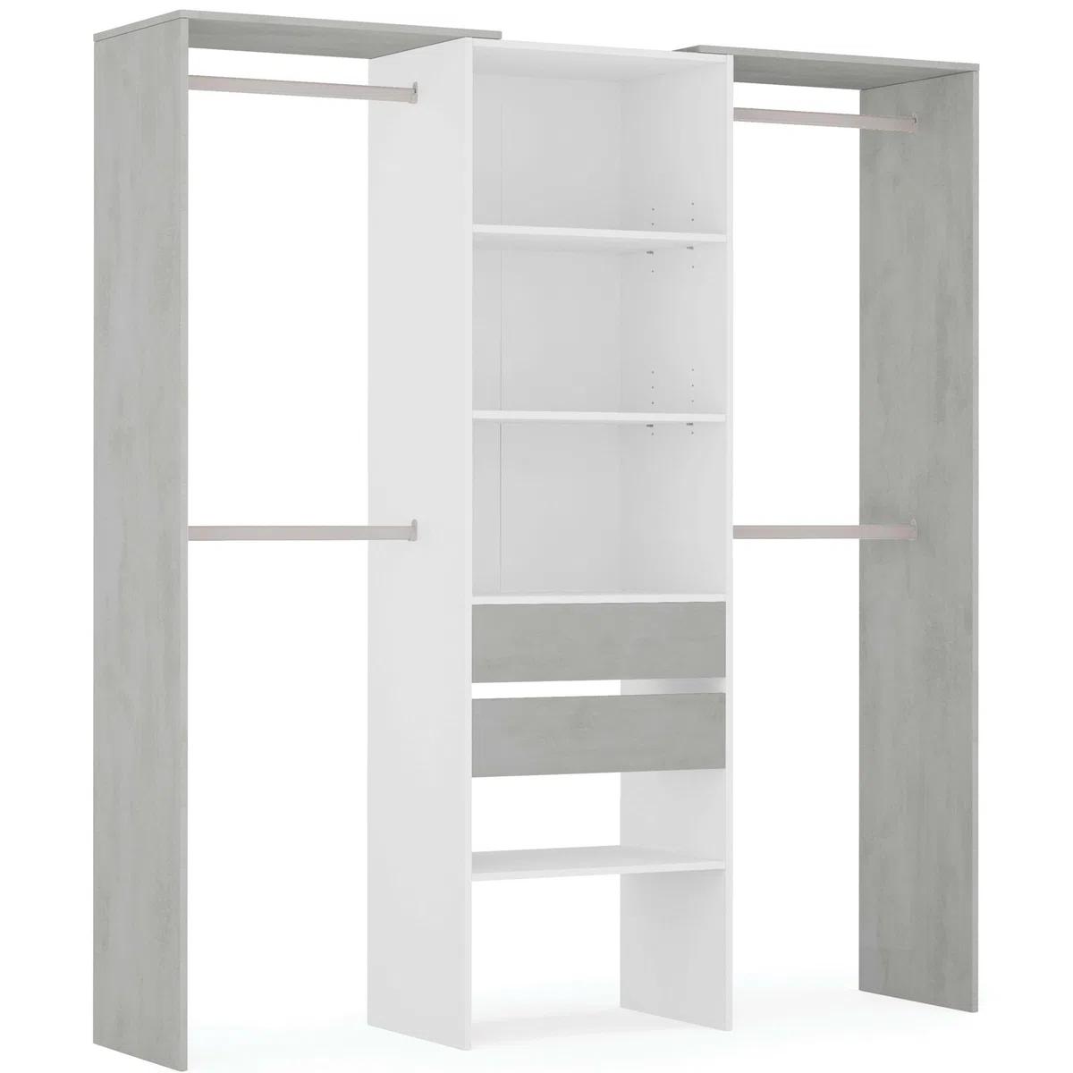 Habitdesign Armario Vestidor con 2 Cajones, Vestidor con Barras y Baldas, Acabado en Blanco Artik y Gris Cemento, Medidas: 179 cm (Ancho) x 202 cm (Alto) x 50 cm (Fondo)