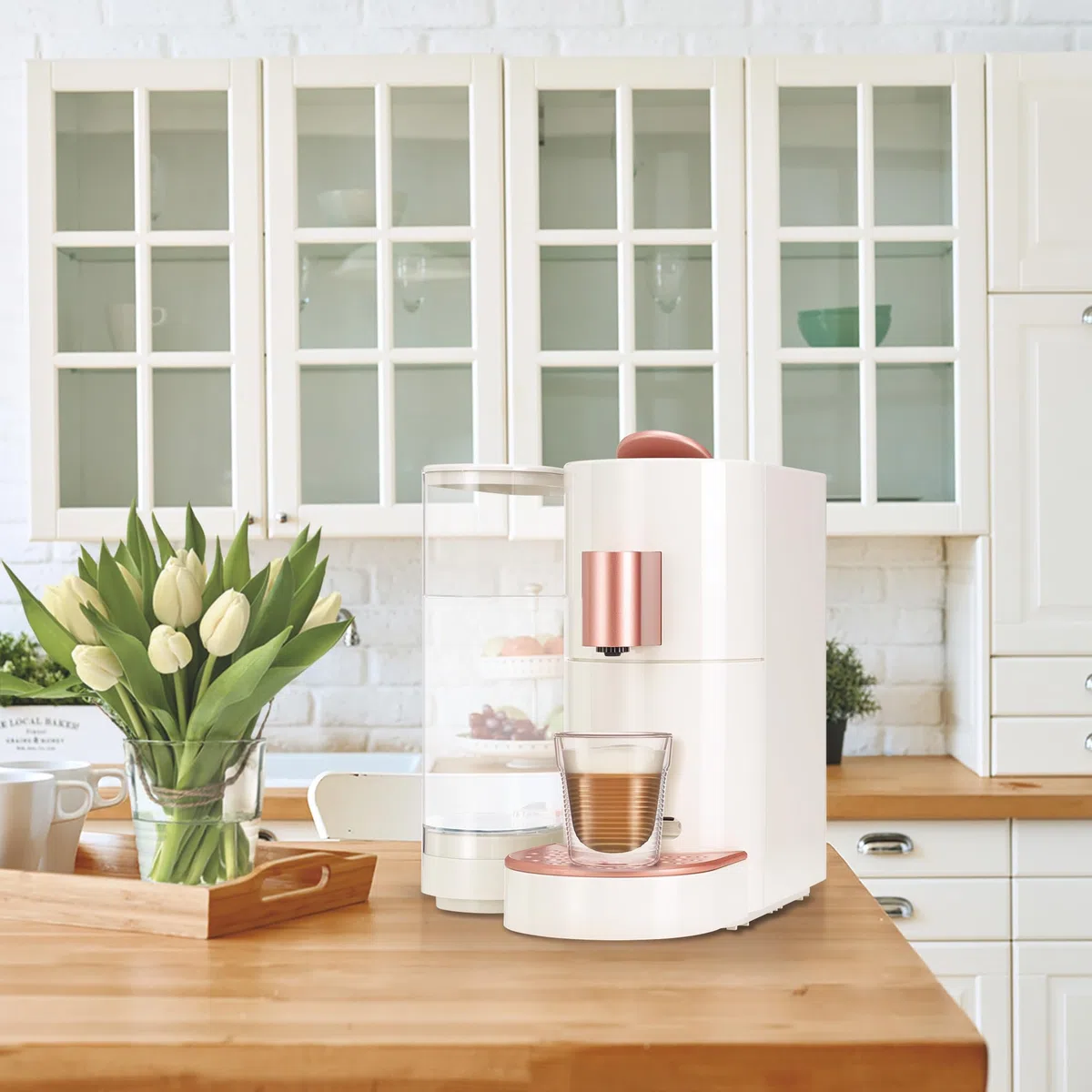 K-FEE TWINS II Máquina de cápsulas para café, té y cacao, cafetera para tazas grandes, calentamiento rápido, depósito de agua de 2,3 litros, 19 bar, beige, oro rosa