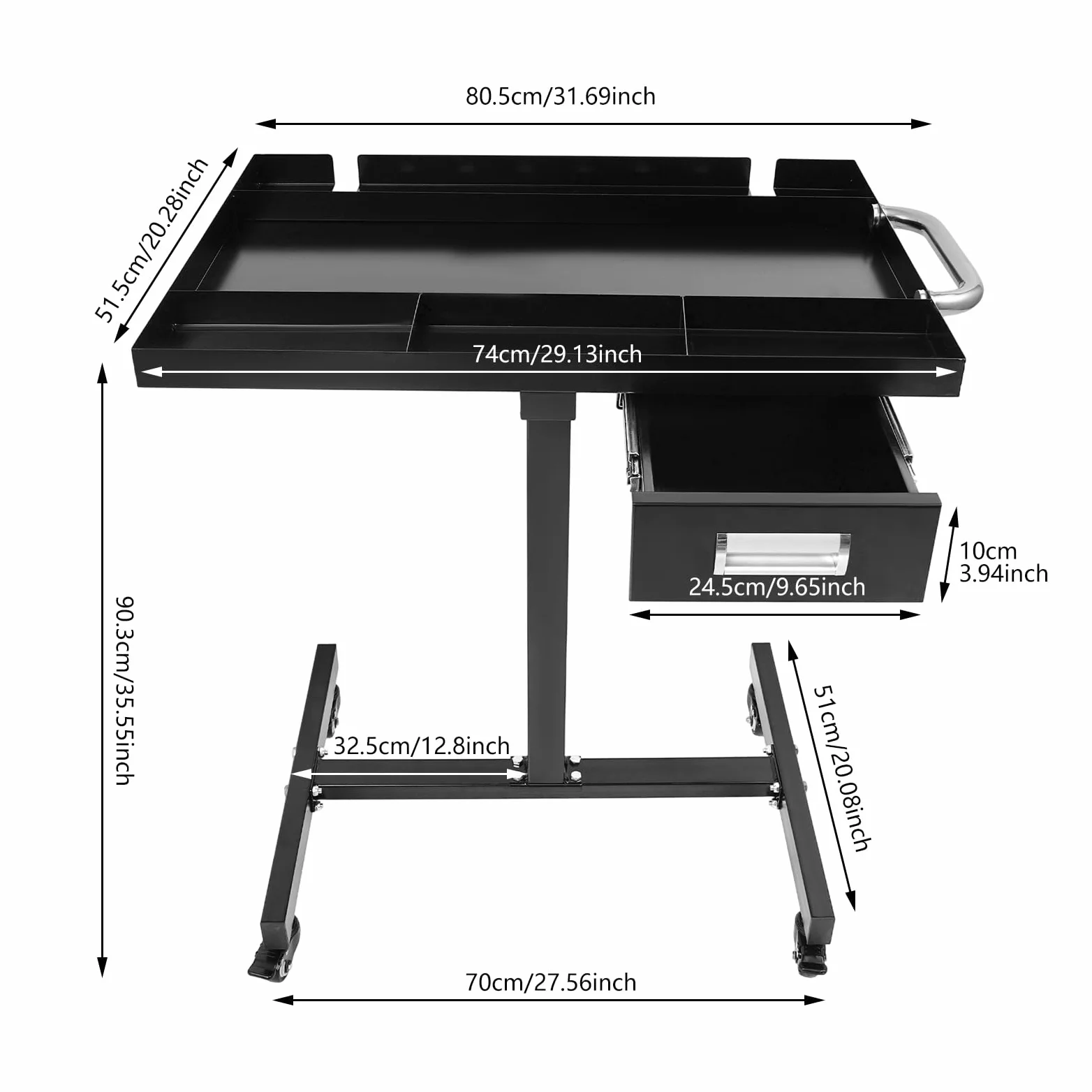 Carro de herramientas con cajón | Mesa de trabajo móvil para garaje y taller | Construcción de acero, 4 ruedas de freno, capacidad de carga de 100 kg y bandeja organizativa (negro)