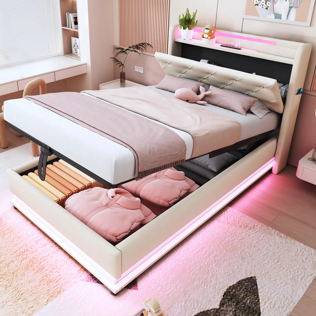 Cama Tapizada Cama Infantil 90x200 cm con Luz LED y USB, Camas Juveniles Individual con Cabecero Reversible y Almacenamiento Hidráulico, Estructura Camas Individuales, Lino, Sin Colchón, Beige