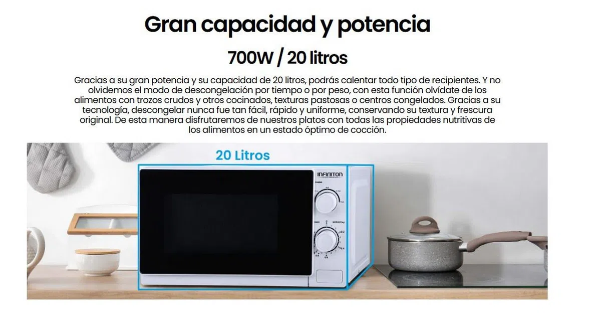 Microondas Infiniton MW-0115 – 20 L, 700 W, 5 niveles de potencia, Temporizador 35 min, Plato 25,5 cm, Blanco