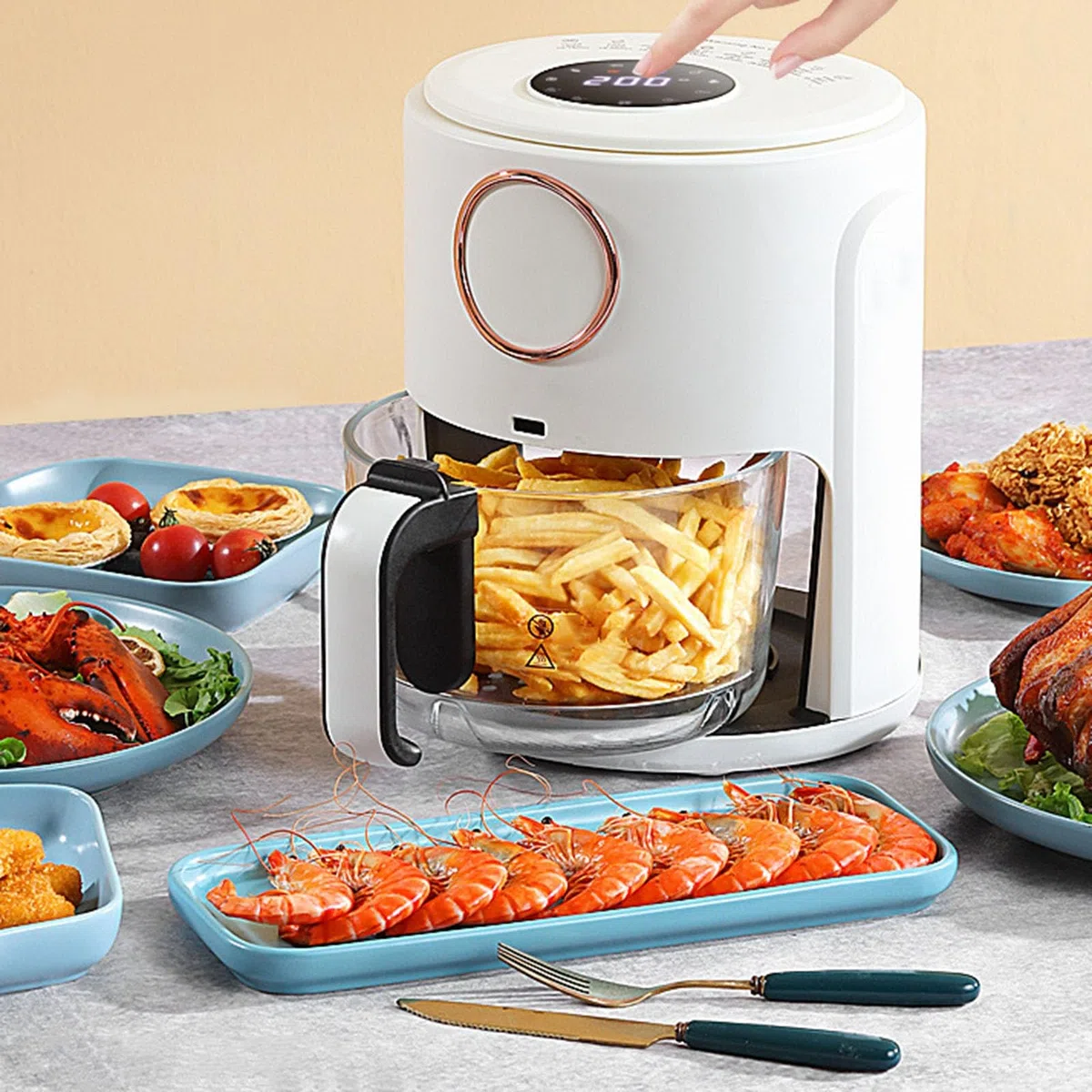 Freidora de aire de gran capacidad de 5 l, horno eléctrico multifunción transparente, totalmente automático, inteligente, de vidrio para el hogar, 1000 W (color: blanco, tamaño: perilla superior)