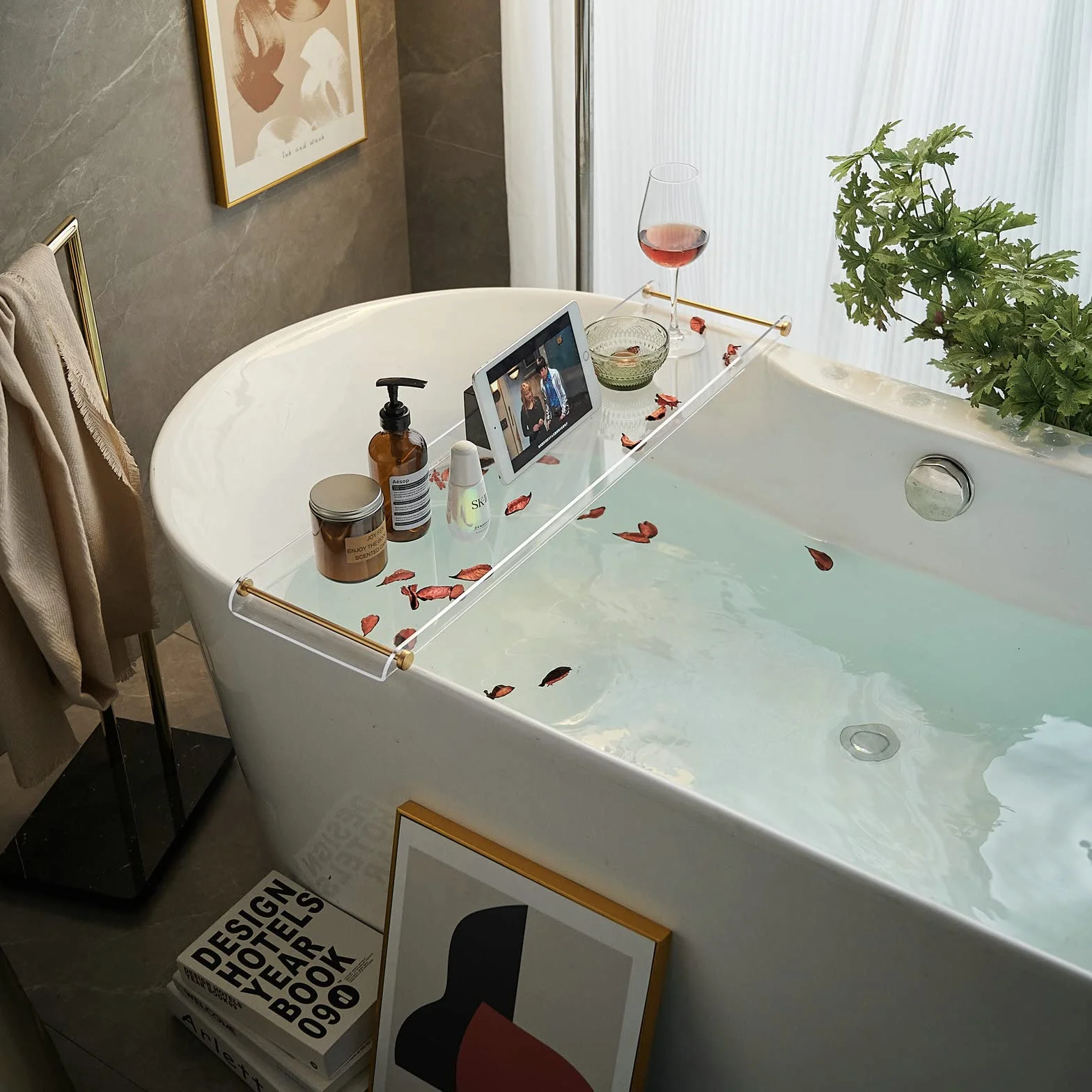 SHUNLI - Bandeja de acrílico para bañera, Estante Transparente para bañera con Mango Dorado, Organizador de baño de Lujo para Tablet