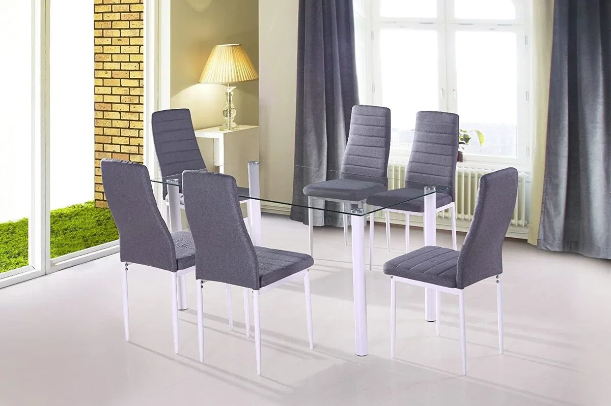 duehome Mesa de Comedor Blanca, Mesa de Cristal para Cocina, Medidas Mesa Moderna salón: 140 cm Largo x 80 cm Ancho x 75 cm Alto