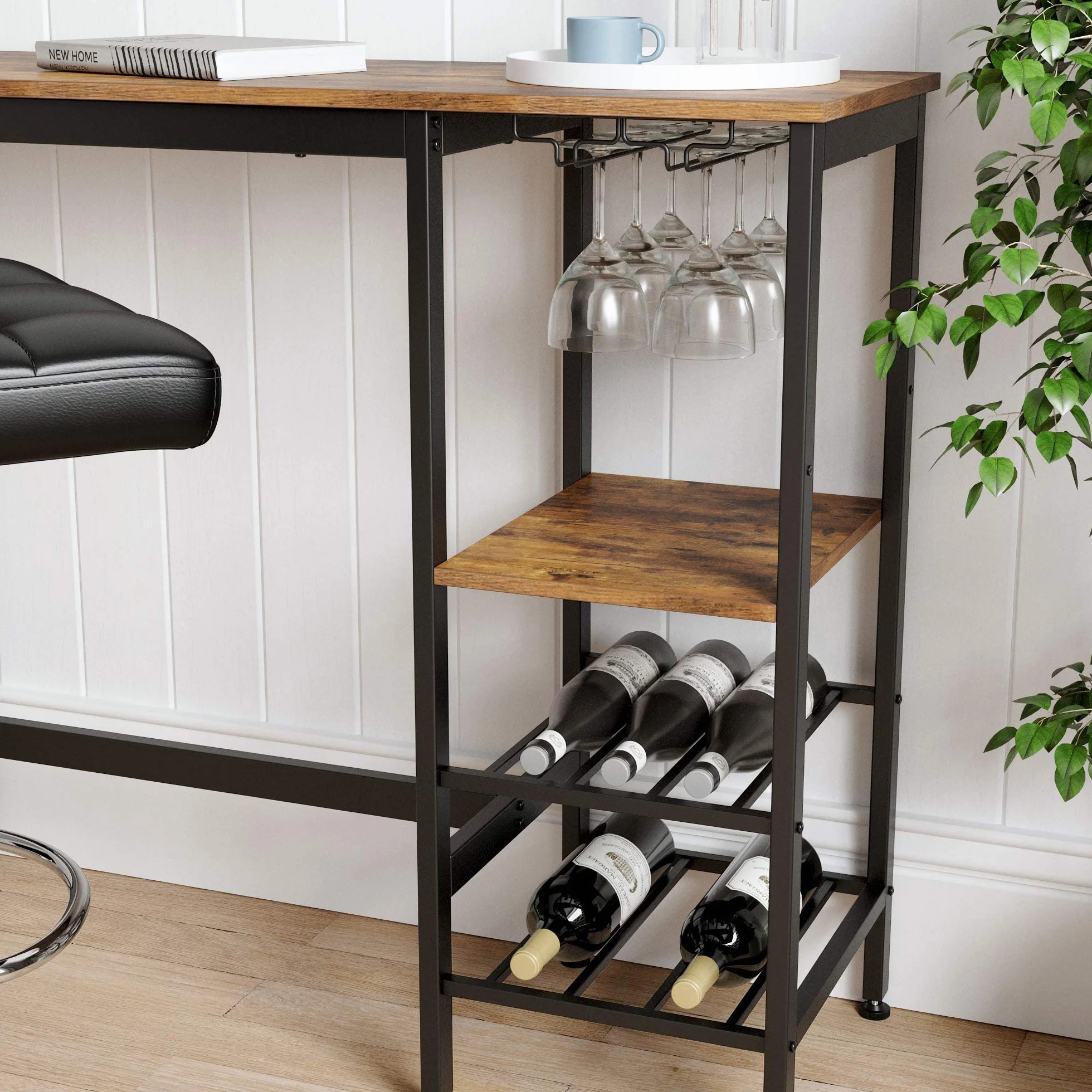 VASAGLE Mesa alta de comedor, bar, con soporte para copas de vino y botellero, para salón, cocina, 110 x 40 x 90 cm, industrial, marrón rústico y negro LBT013B01, madera de ingeniería