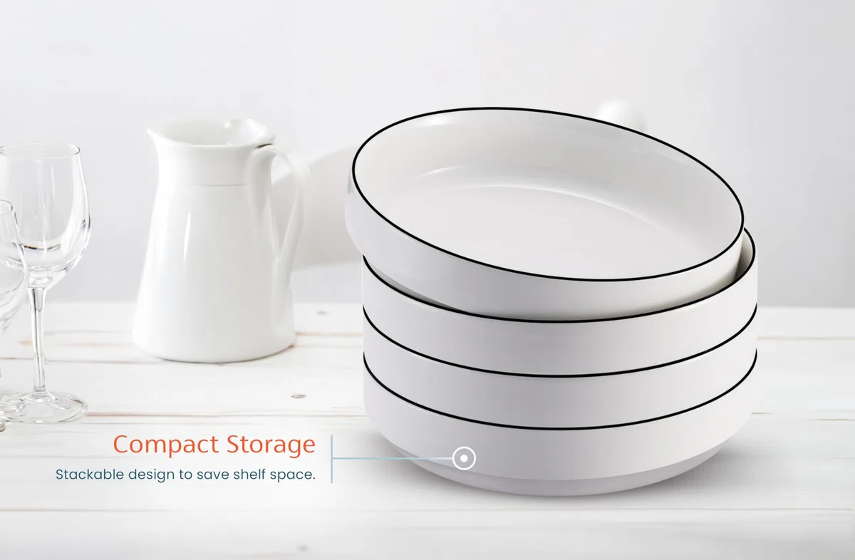 KooK Cuencos grandes de cerámica para pasta, aptos para microondas y lavavajillas, ideales para sopas y ensaladas, cuencos poco profundos, porcelana brillante, 48 onzas, juego de 4, francés