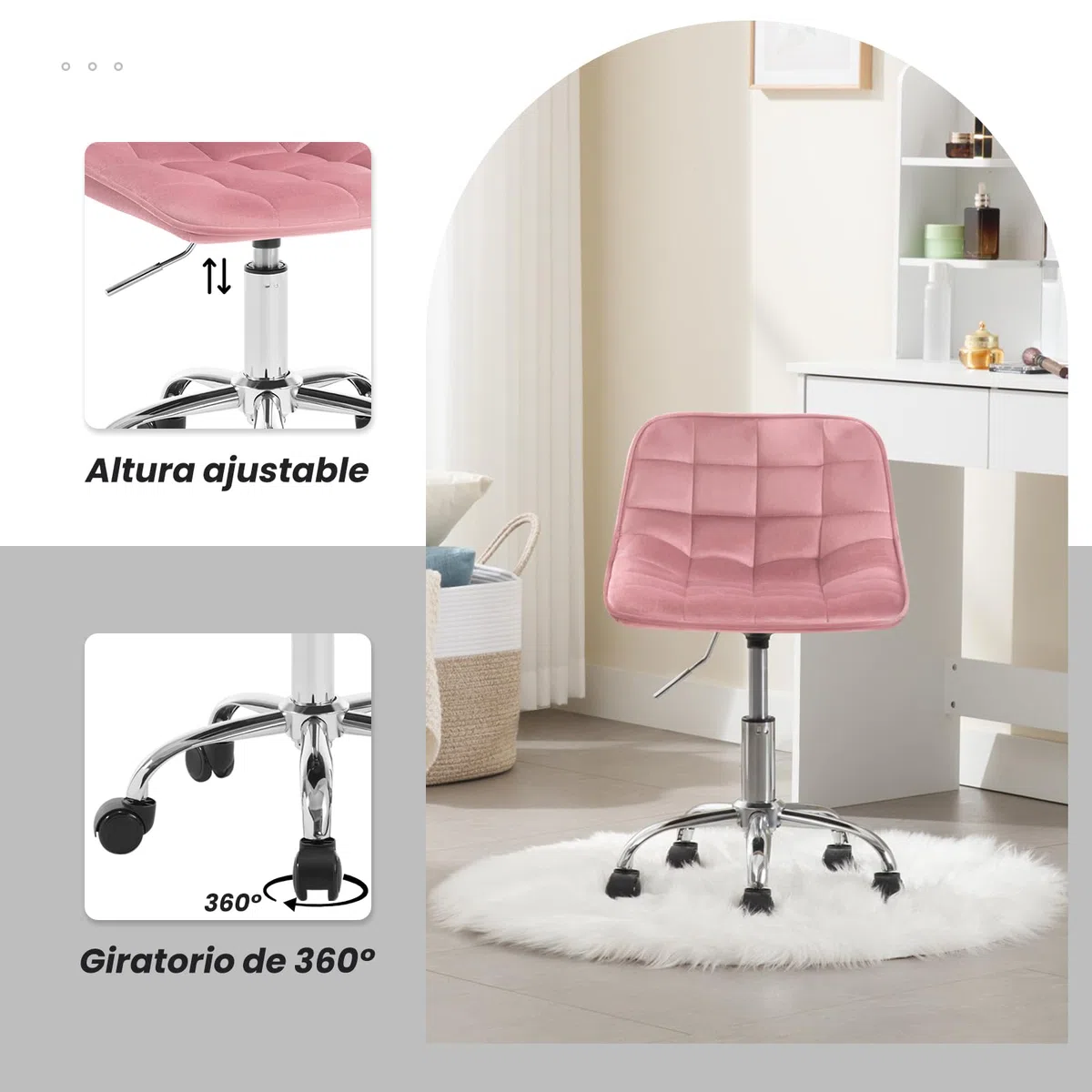 WOLTU Silla de Oficina, Taburete Tocador Giratorio, Silla Ergonómica Escritorio con Respaldo, Taburete Bajo con Asiento Ajustable de Altura, Asiento Tapizado en Terciopelo, Rosa