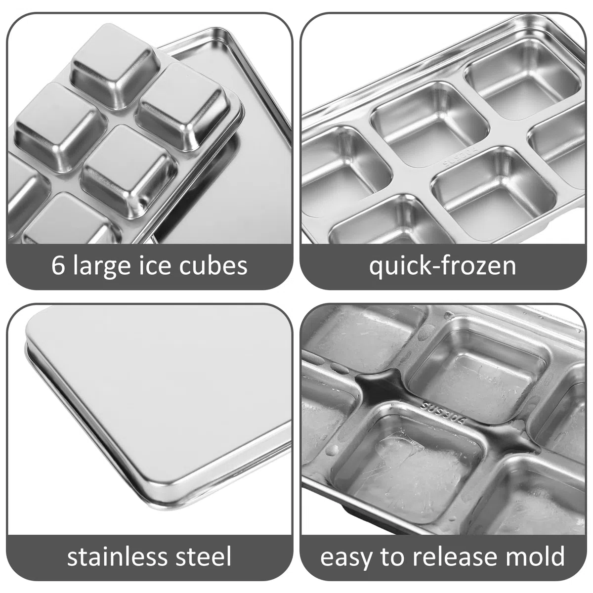 FYSUIMU Paquete de 3 bandejas de hielo de acero inoxidable para congelador, bandejas de hielo de metal con tapas para el hogar, cocina, bar, cóctel, whisky