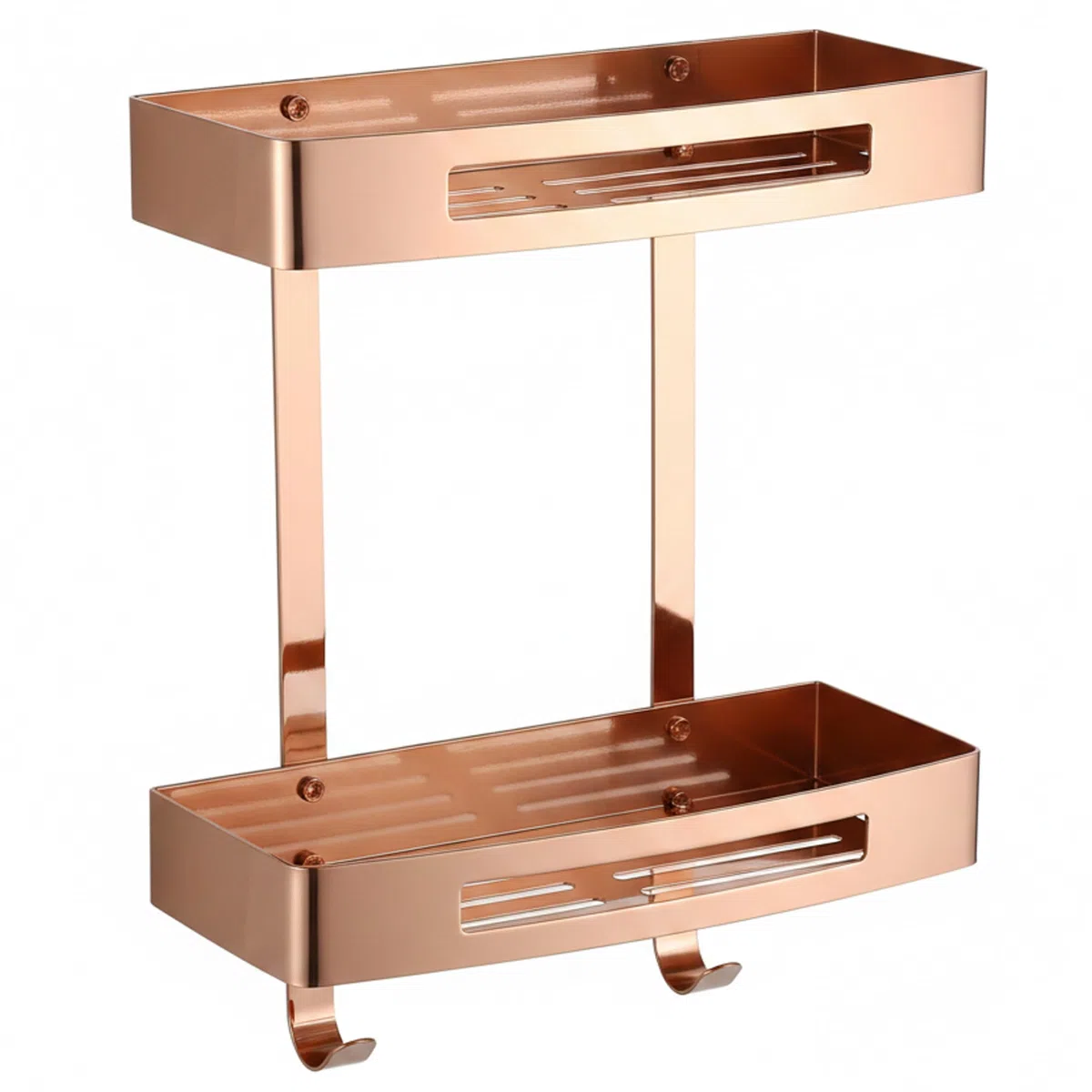 Estante de pared para baño, carrito de ducha de doble nivel, estante de esquina de baño adhesivo de acero inoxidable 304, organizador de pared sin taladro con ganchos, oro rosa, adhesivo, para