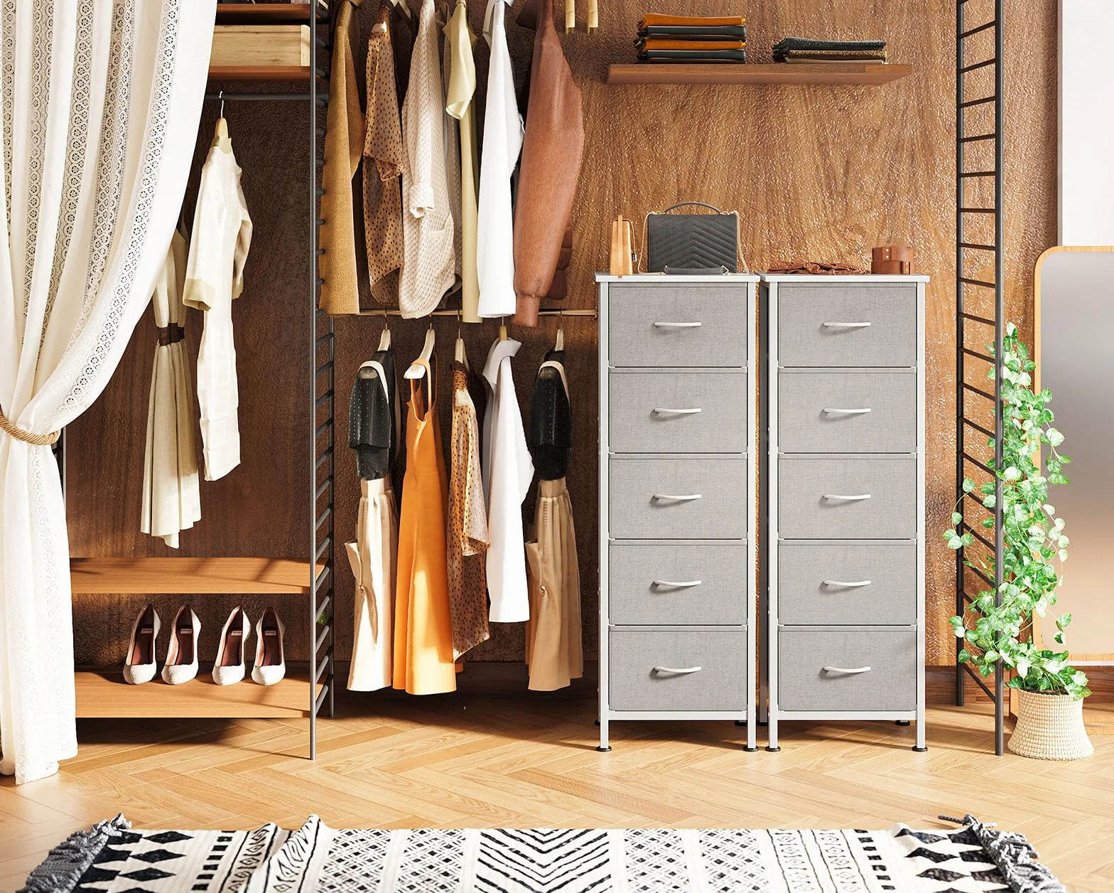 Coleshome Comoda Dormitorio, Comoda Estrecha y Alta con 5 Cajones de Tela, Estructura de Acero Resistente y Tablero de Madera, Ideal para Dormitorio y Salón, 40 x 30 x 120 cm, Gris Claro