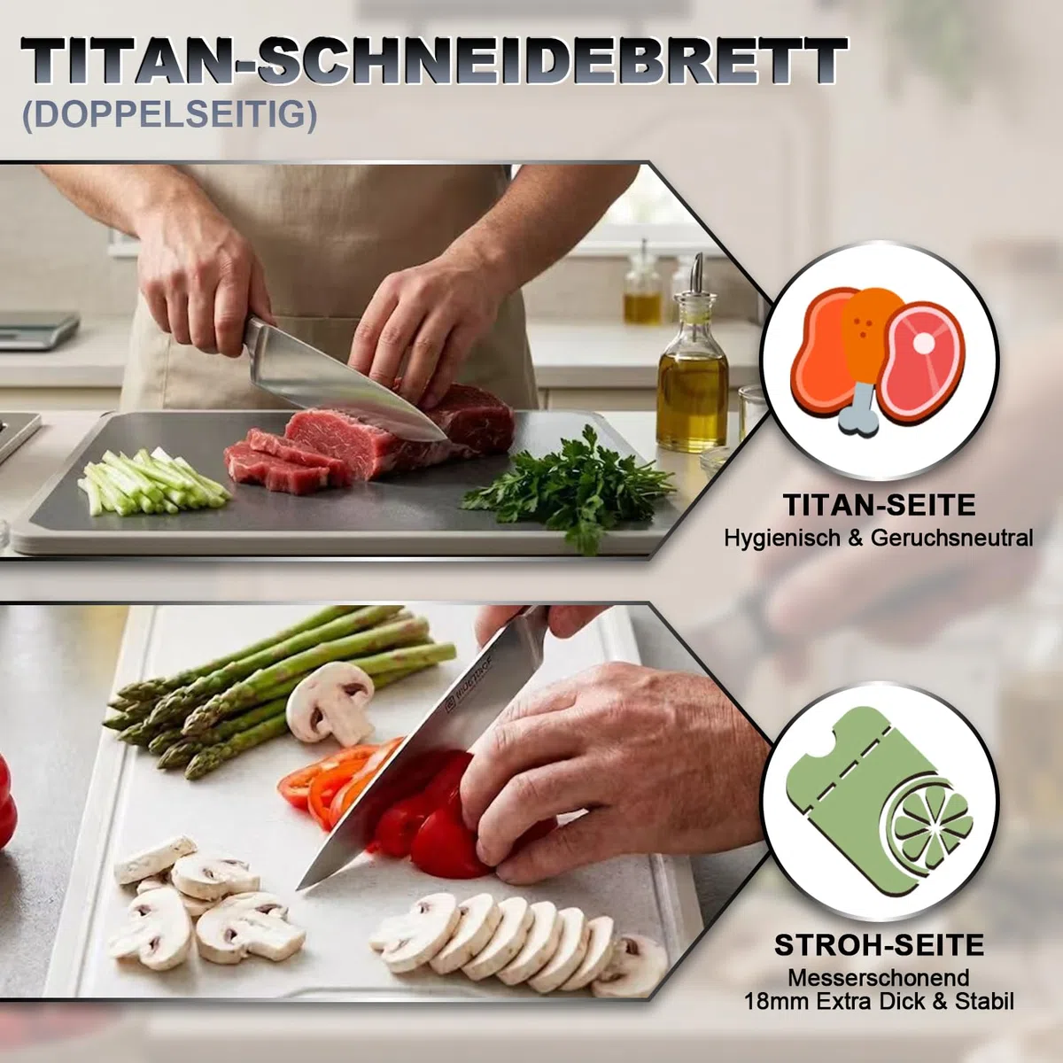 Juego de 19 cuchillos con bloque de cuchillos y tabla de cortar de titanio, juego profesional de cuchillos de cocina de acero inoxidable con cuchillo de chef, cuchillo Santoku, 6 cuchillos de carne