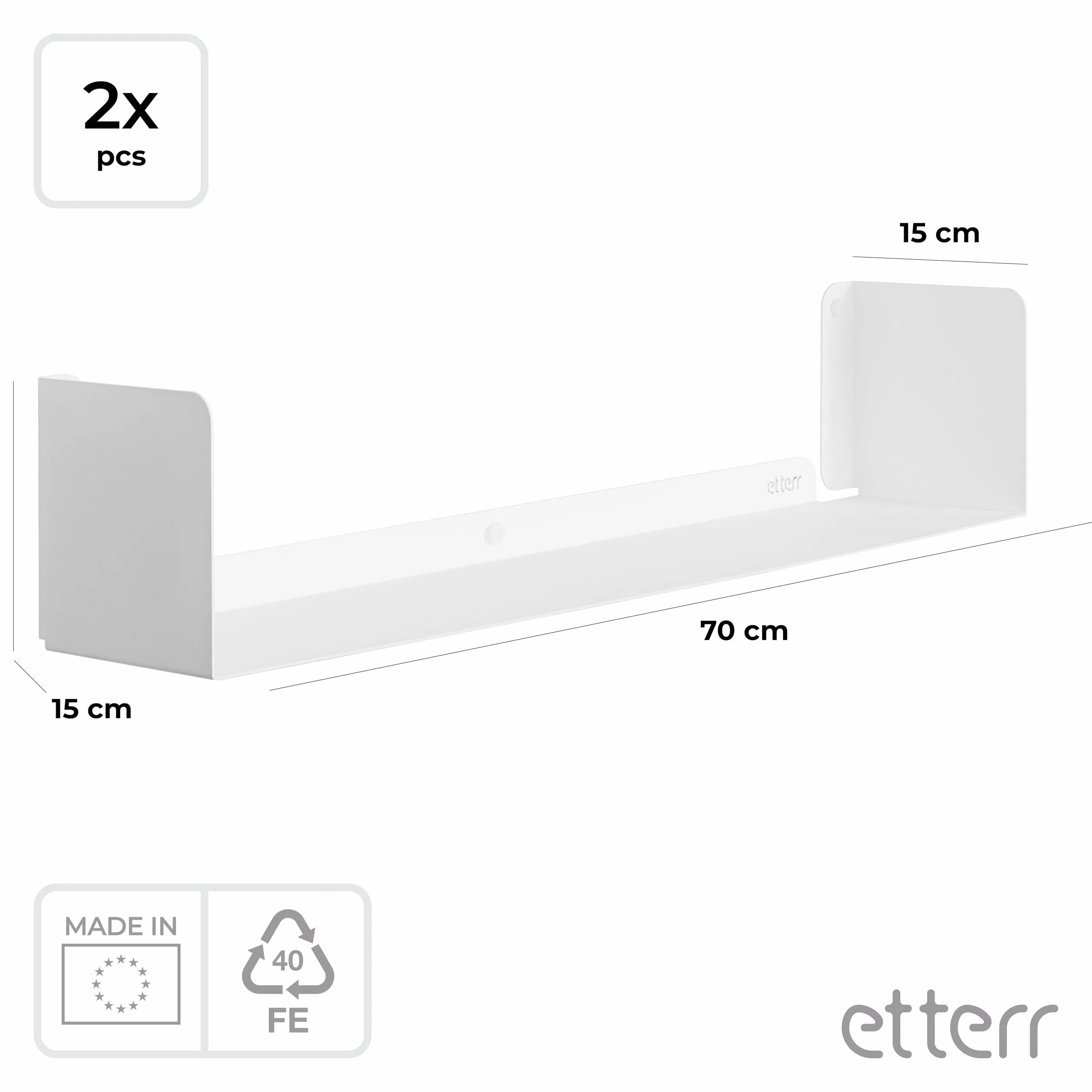 Pack de 2 Estanterías de Pared | 70x15 cm | 100% Acero | Fabricado en Europa | Estanteria Libros | Baldas Flotantes Pared | Estanteria Blanca | Estanterias Pared | Estante Flotante Pared