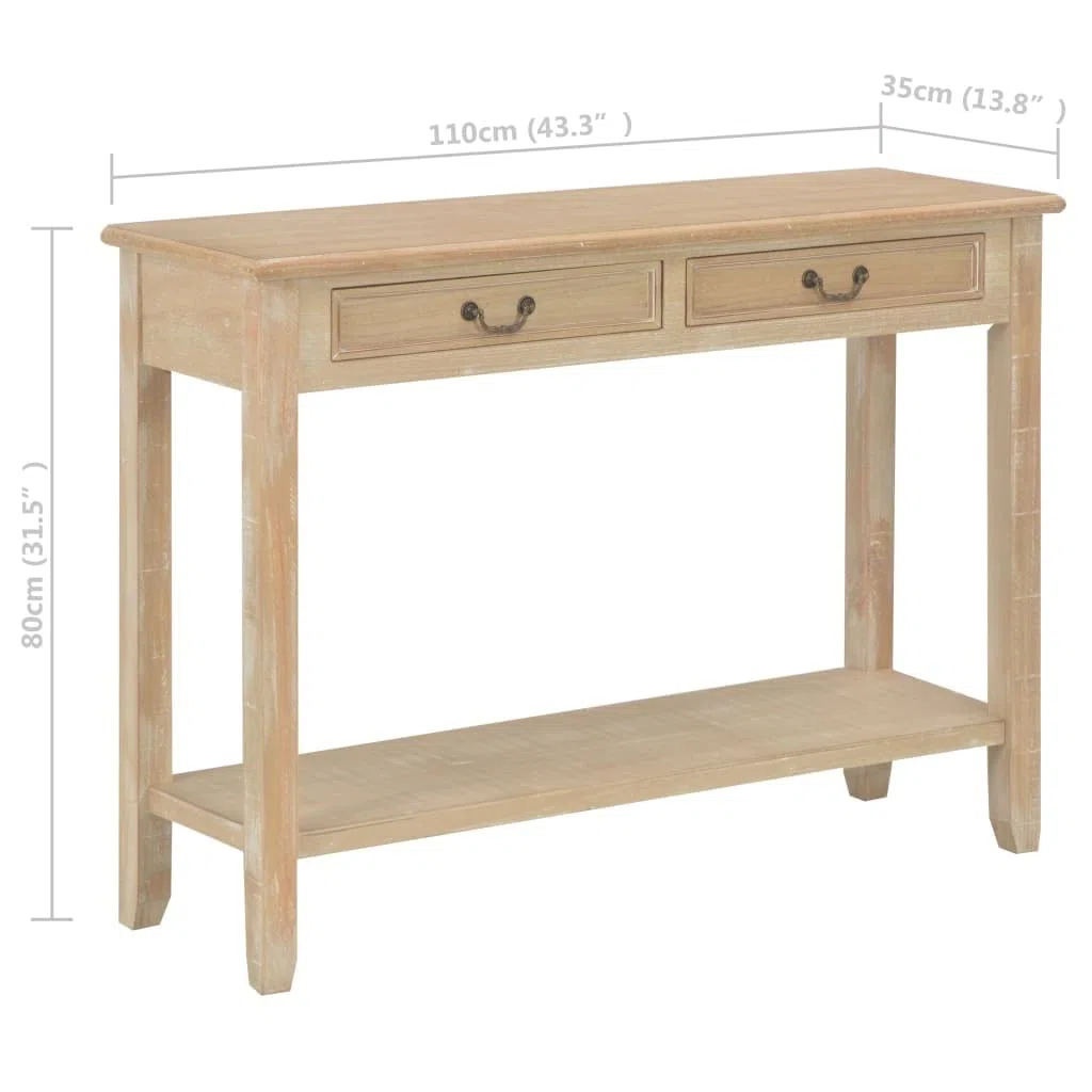 Consola clásica 110 x 35 x 80 cm, mesa auxiliar de madera de pino y MDF con 2 cajones y estantes, aparador para pasillo y salón, color madera natural