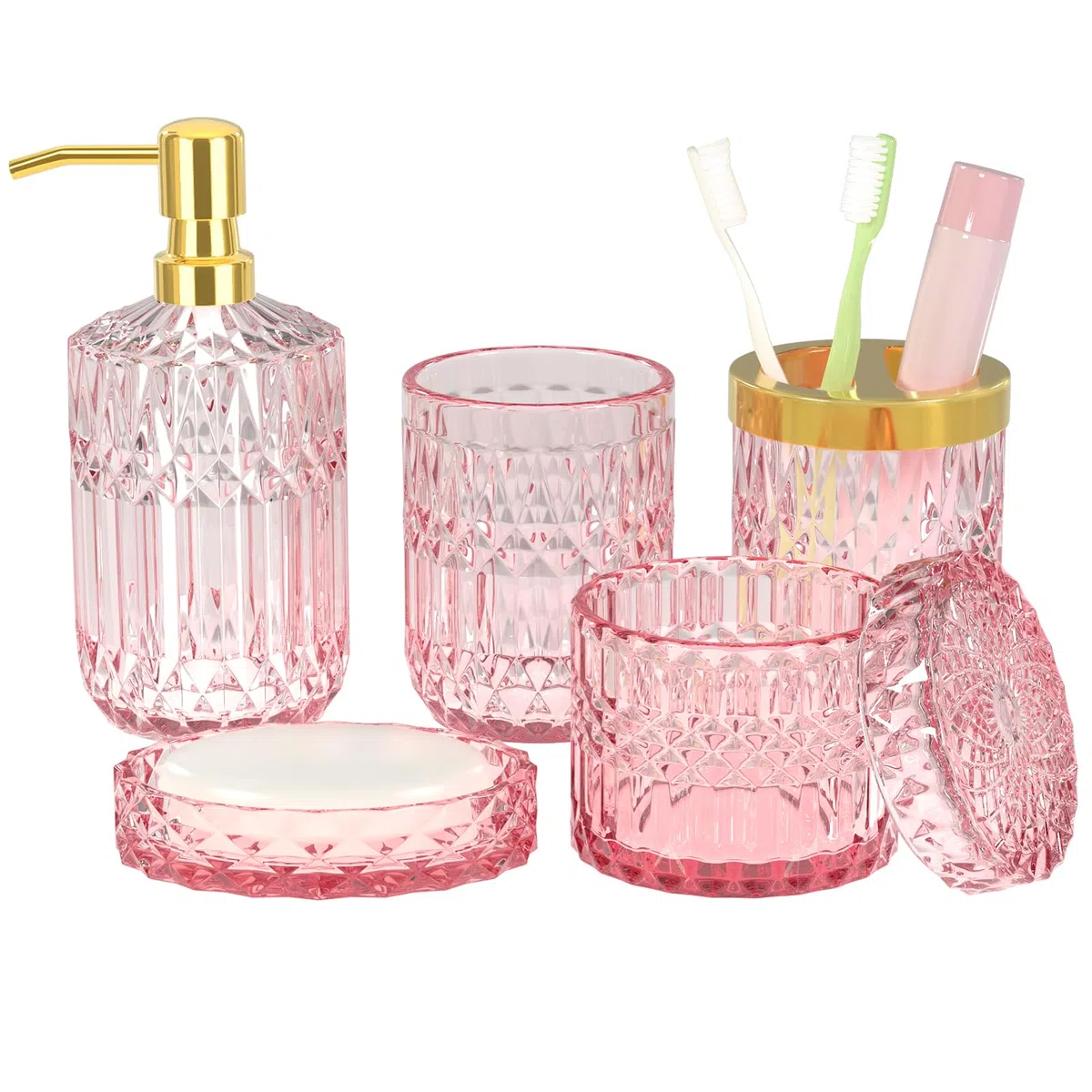 Juego de accesorios de baño rosa – 5 piezas de decoración de baño de vidrio con dispensador de jabón, jabonera, soporte para cepillo de dientes, vaso y tarro de hisopo de algodón – Juego de accesorios