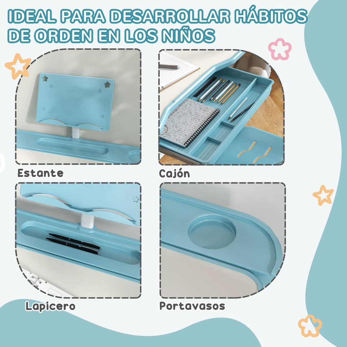 ZONEKIZ Juego de Escritorio y Silla para Niños de 6-12 Años Pupitre Infantil Altura y Ángulo Ajustable con 1 Cajón y 1 Estante para Libros 80x49,5x82-104 cm Azul y Blanco
