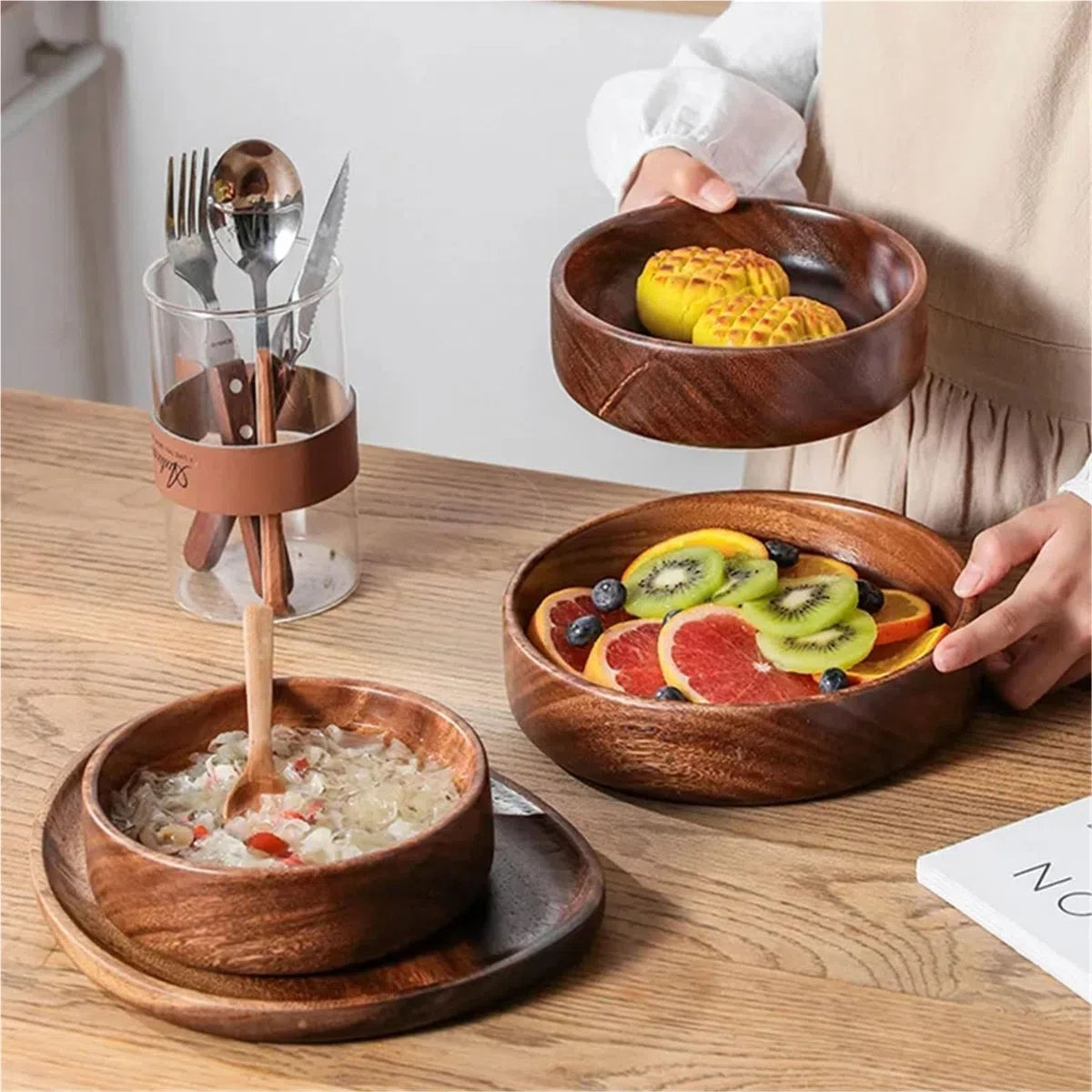 Ensaladera Cuenco de madera maciza, cuenco de barco de nogal, ensaladera de madera creativa, almacenamiento Vintage de frutas, utensilios de cocina for el hogar Para la cocina Ensaladas Postre Meriend
