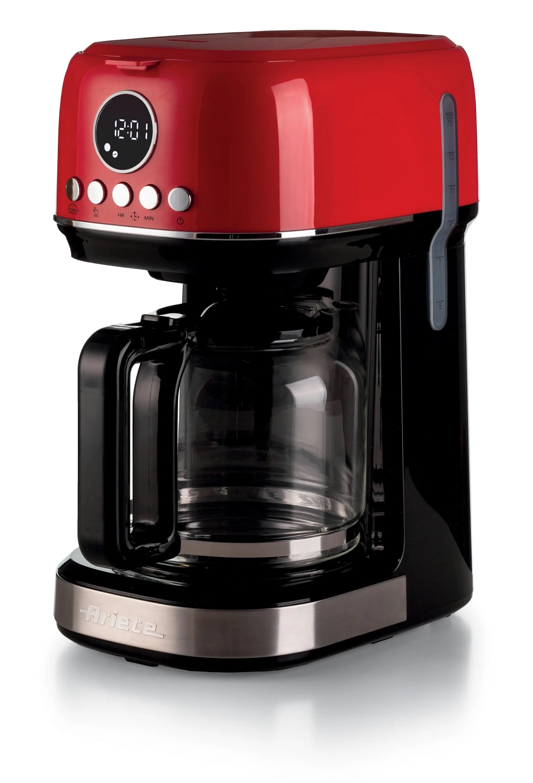 Ariete 1396/00 Moderna cafetera de filtro, Café de goteo, Capacidad hasta 15 tazas, Base calefactora, Pantalla LCD, Filtros extraíbles y lavables, Roja