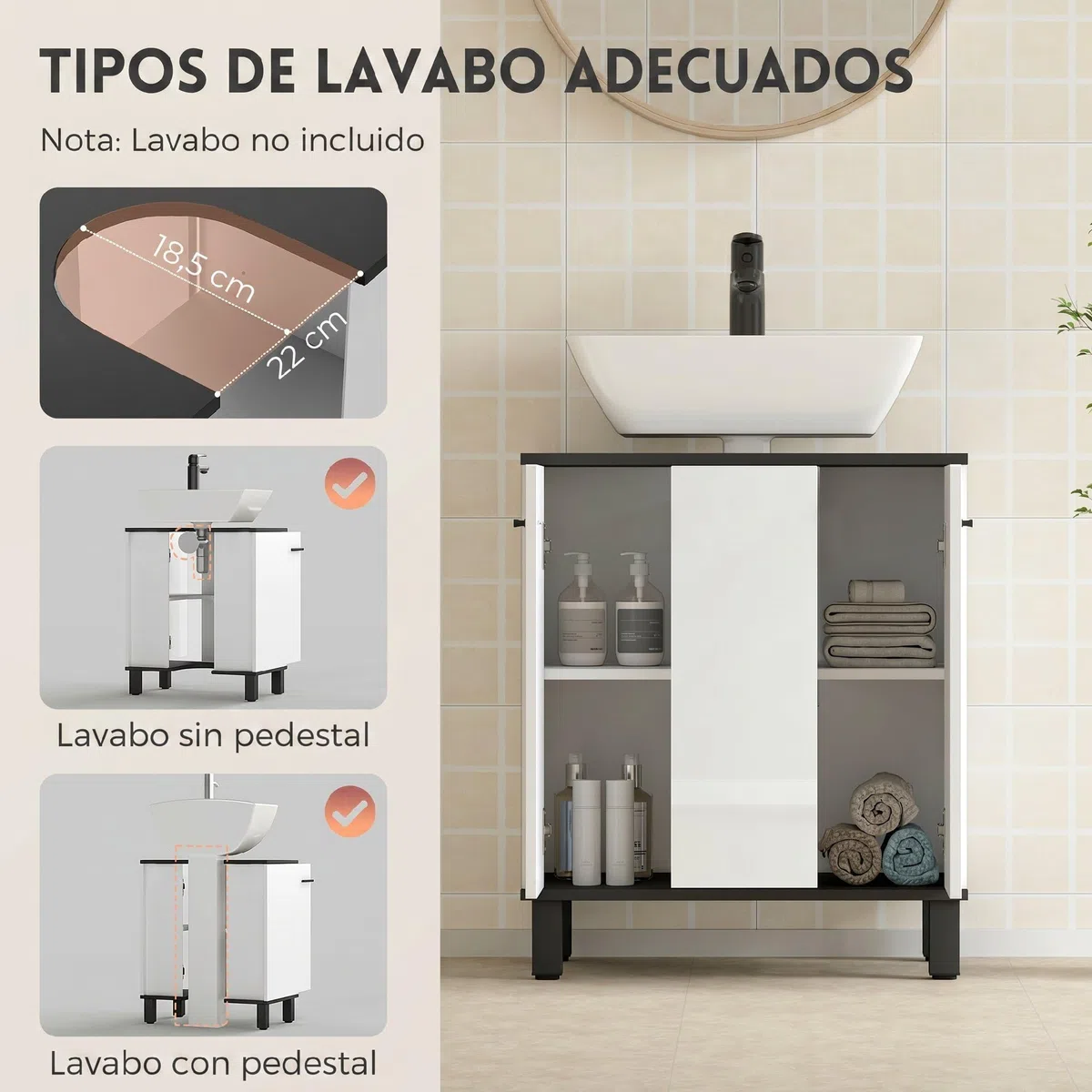 HOMCOM Mueble Bajo Lavabo, Mueble de Baño Compacto con Estante Ajustable, 2 Puertas, Estilo Moderno, para Lavabo con o sin Pedestal, 60x34x70 cm, Blanco Brillo