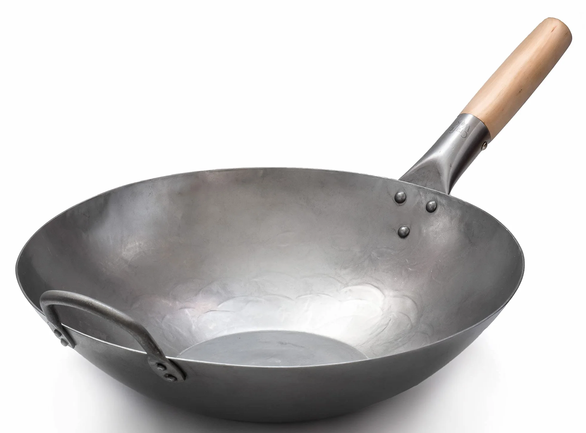 Craft Wok Wok de acero al carbono martillado a mano plano con mango auxiliar de madera y acero (14 pulgadas, parte inferior plana) / 731W316