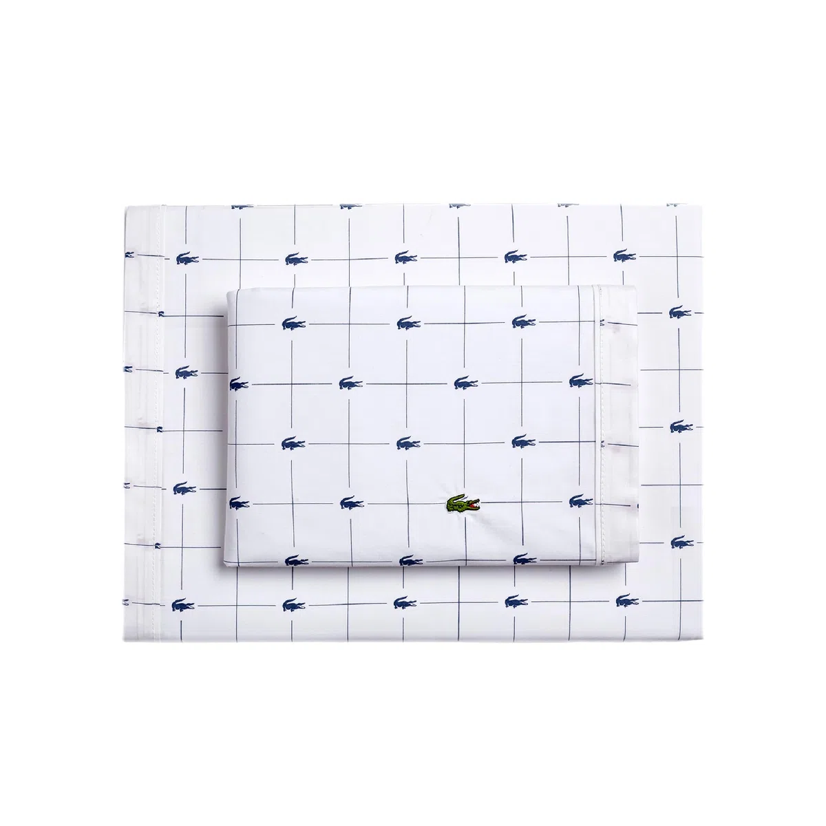 Lacoste Slice - Juego de sábanas de 4 Piezas de percal 100% algodón, Fresco, Fresco, Mate y Duradero, Certificado Oeko-Tex, Estampado, Azul Marino, tamaño Queen