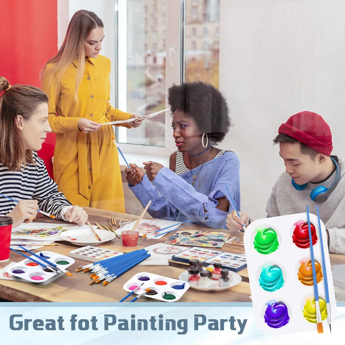 Juego de 100 pinceles de pintura de nailon, 50 paletas de bandeja de pintura, paletas de plástico, pinceles de pelo de nailon para acrílico, aceite, acuarela, estudiantes, fiesta de pintura