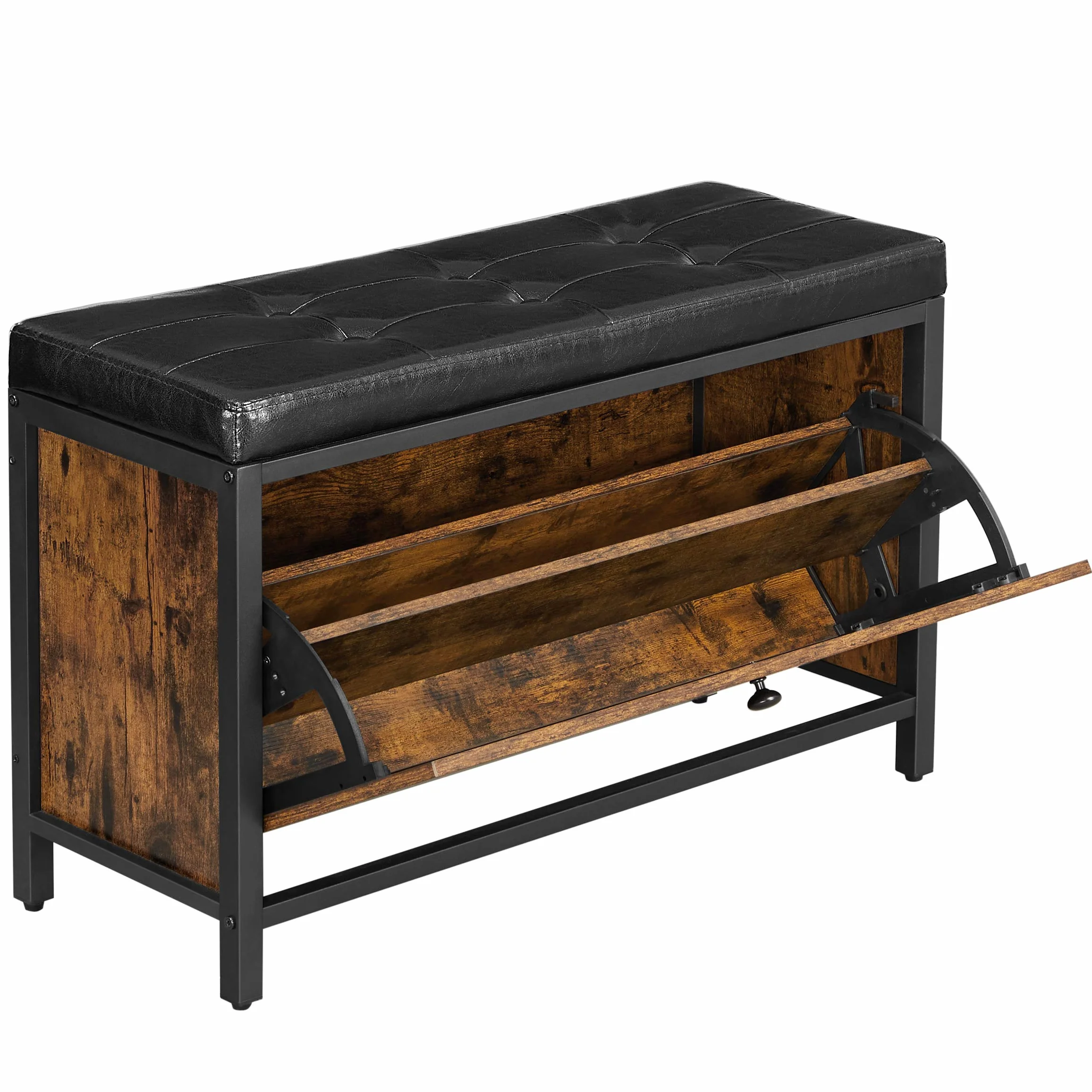 VASAGLE Banco Zapatero, Banco tapizado para Zapatos, con cajón, 2 Filas para 6 Pares de Zapatos, Estructura de Acero, Industrial, Marrón Rústico y Negro LSB049B01