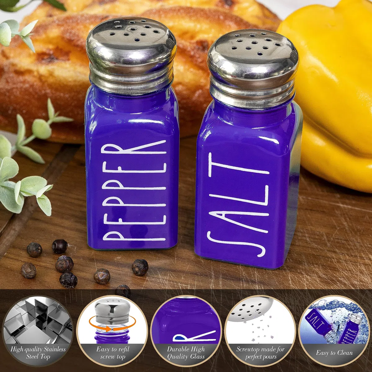 Brighter Barns - Juego de salero y pimentero morado – Decoración moderna de cocina de granja y accesorios – Bonito juego de sal y pimentero – Cocteleros de vidrio y tapas de acero inoxidable para el