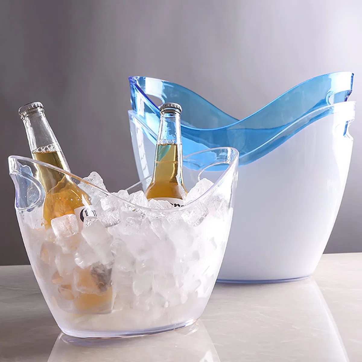 Cubo para Bebidas con Asas, Cubo Grande para Hielo, Ideal para familias, Fiestas, barbacoas y picnics, Transparente, 8 l, Morado