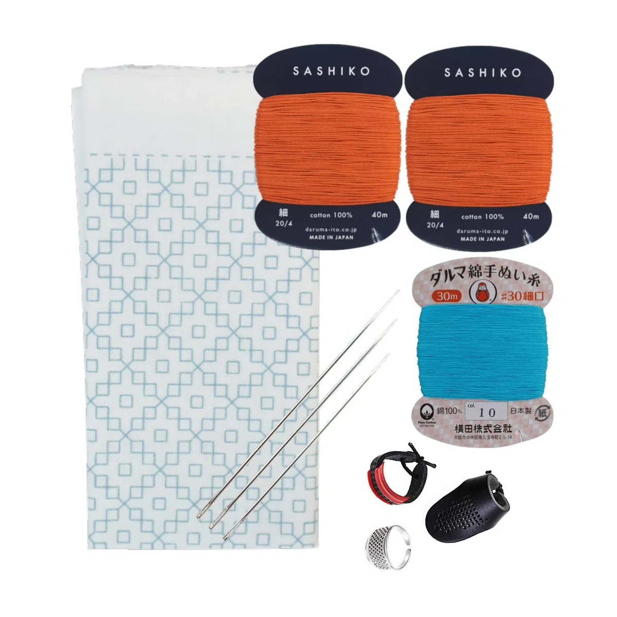 DARUMA Hitomezashi Sashiko Kit – Kit de agujas e hilos de primera calidad de fabricación japonesa con Sashiko Fukin, hilo, agujas, dedal, juego listo para usar (Dalia)