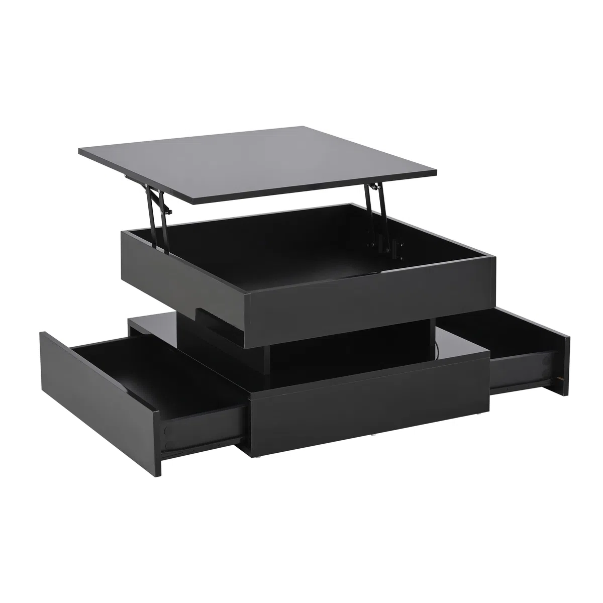 65 x 65 x 38,5 cm elevable mesa de salón auxiliar, mesa de centro brillante con barra de luz LED, mesa de sofá con 2 cajones, color negro
